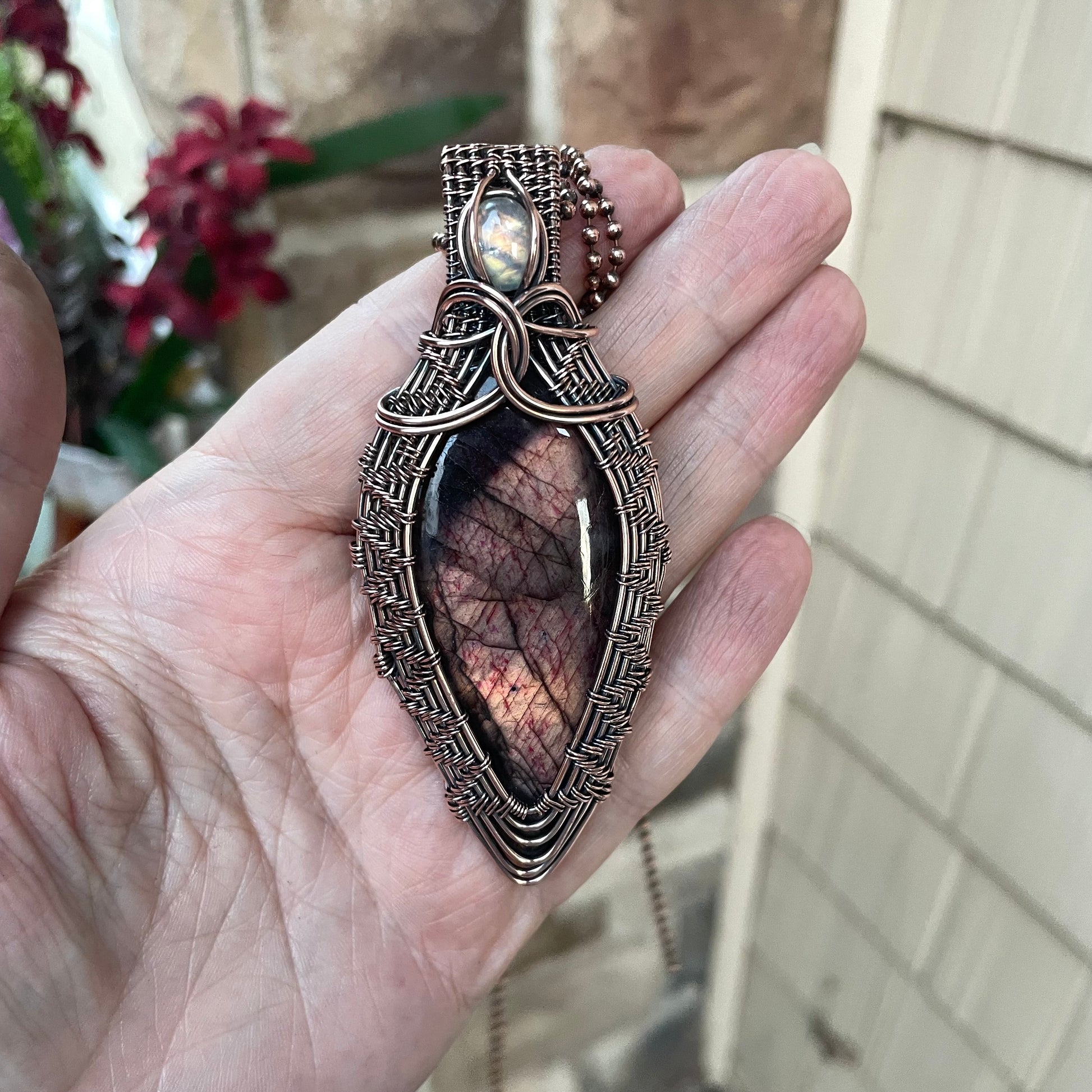 Maroon Gold Labradorite with Moonstone Woven Copper Pendant