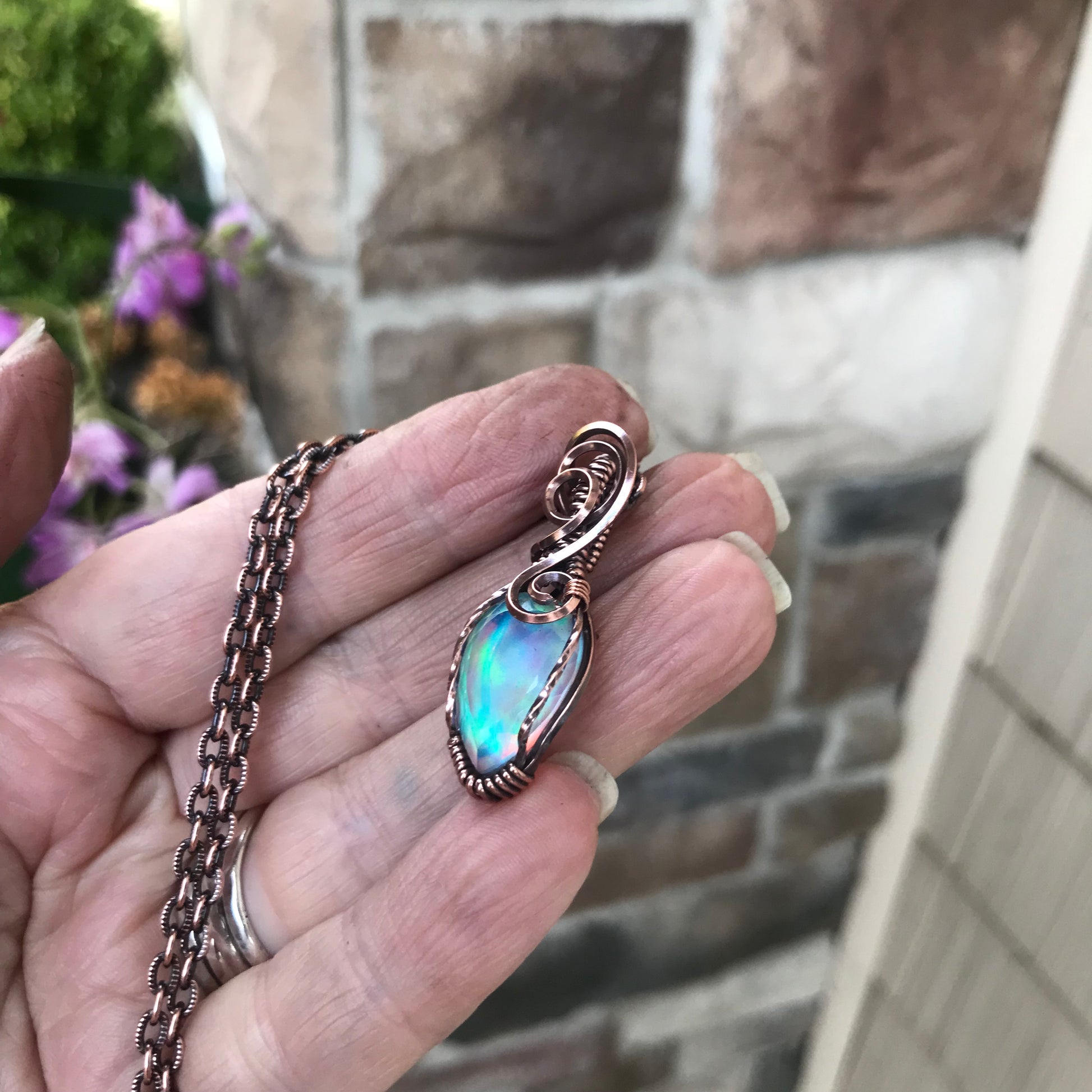 Aurora Opal Green Pink Copper Necklace