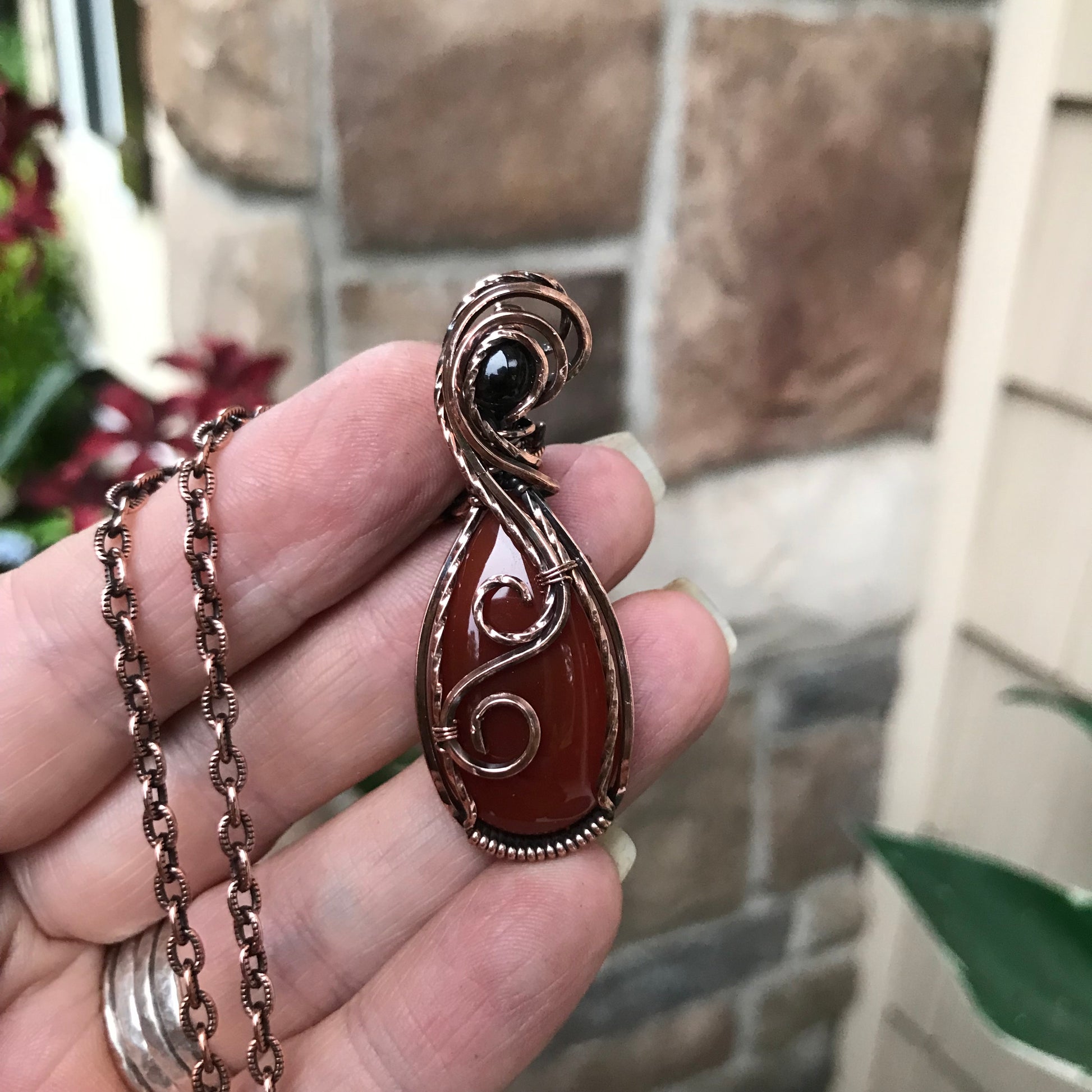Carnelian & Smoky Quartz Teardrop Copper Pendant
