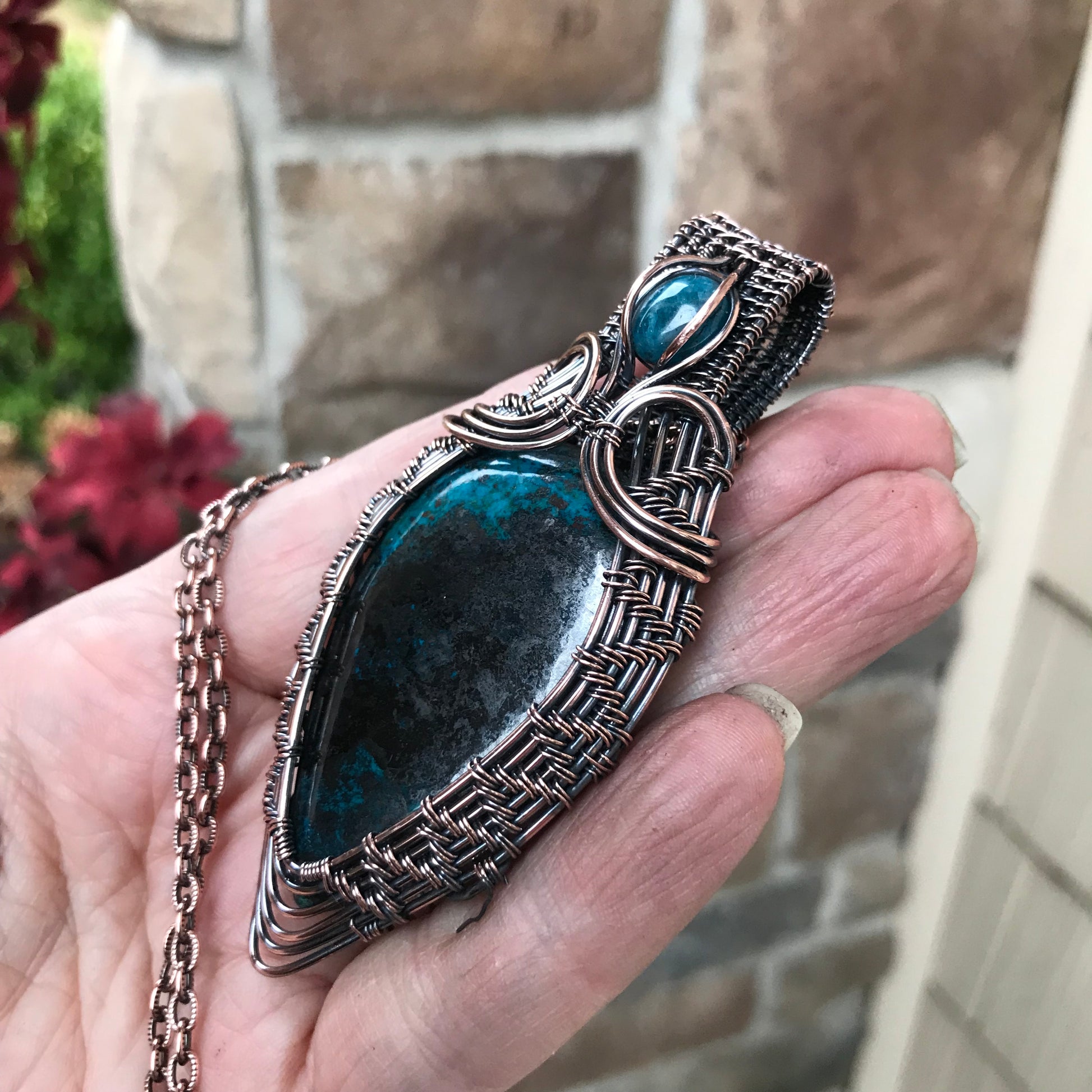 Shattuckite Tenorite with Apatite Woven Copper Pendant