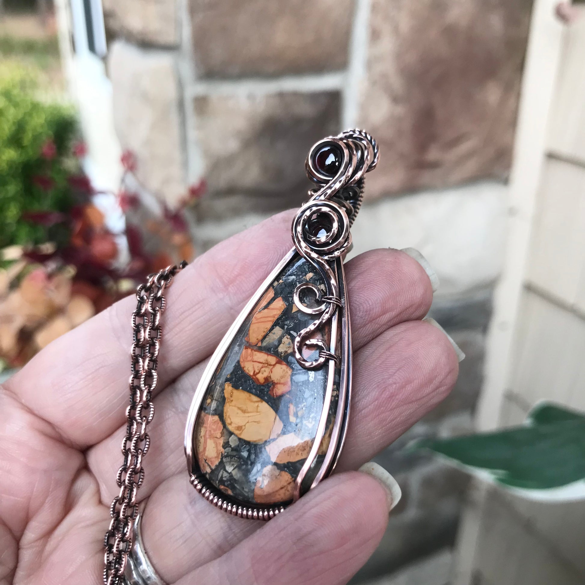 Maligano Jasper & Garnet Swirly Copper Pendant