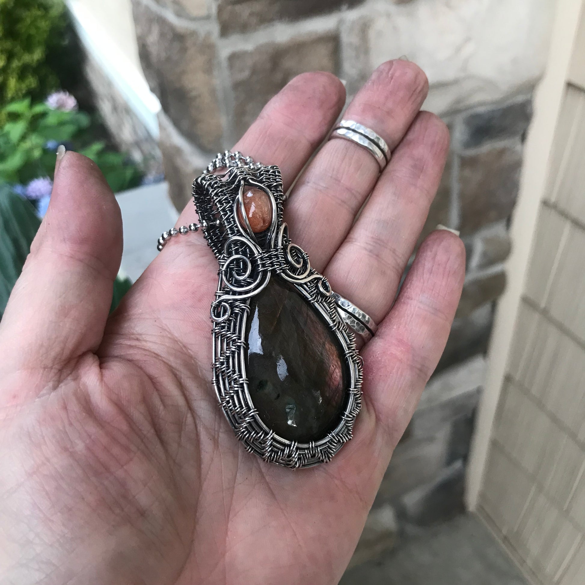 Amber Labradorite & Sunstone Silver Pendant