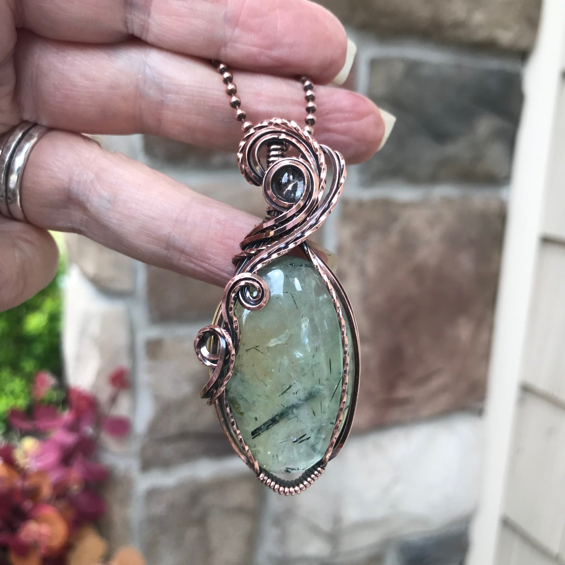Prehnite & Prasiolite Swirly Copper Pendant