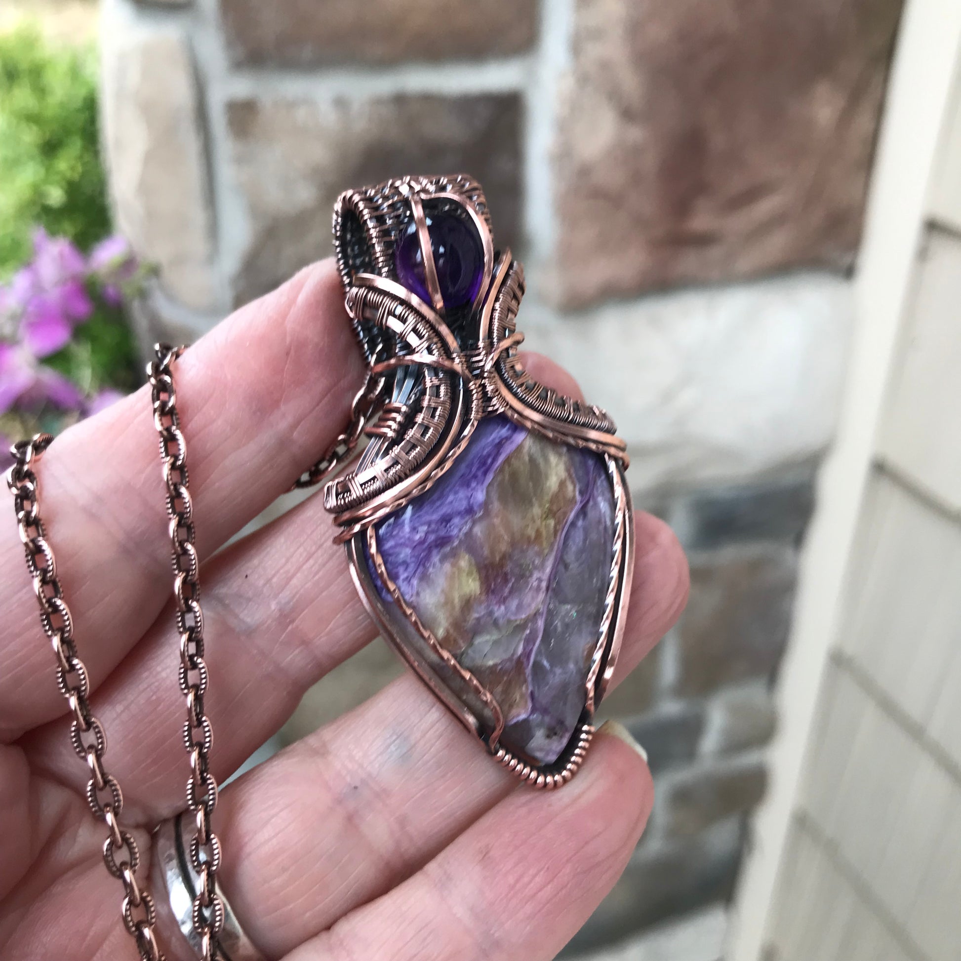 Charoite & Amethyst Copper Pendant with Weaving