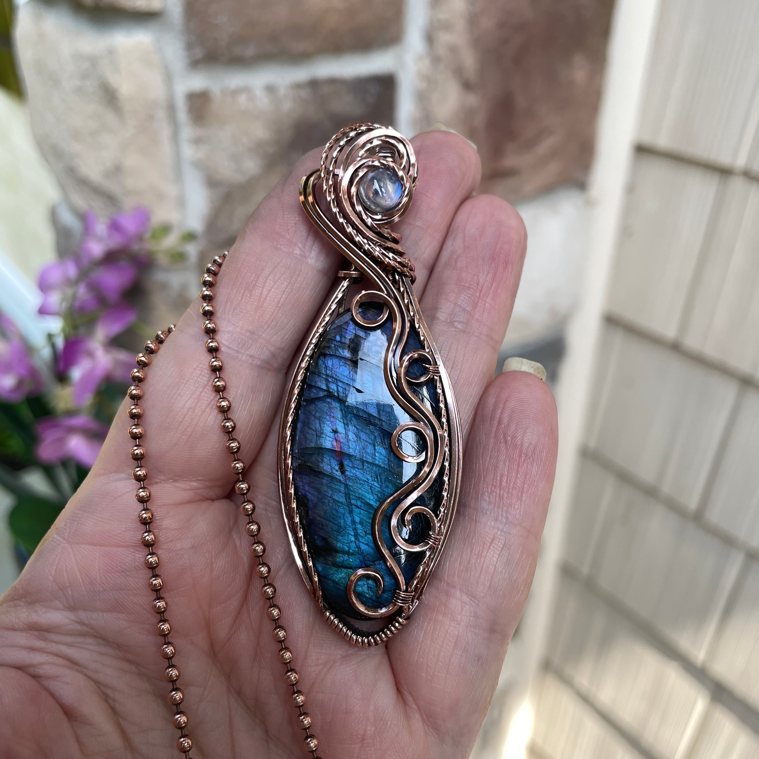 Blue Oval Slender Labradorite & Moonstone Swirly Copper Pendant