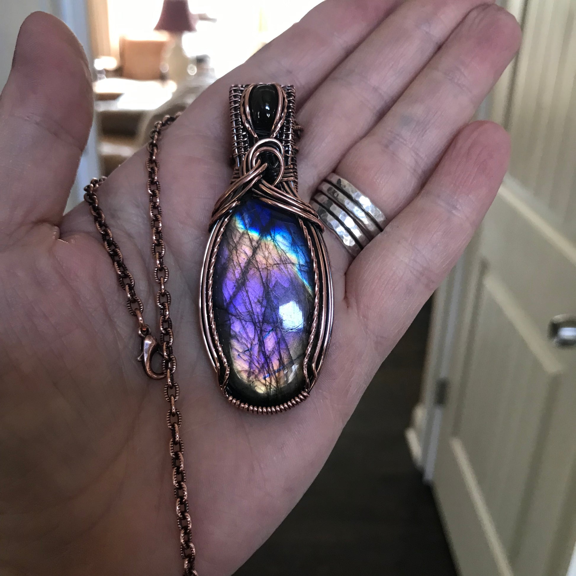 Rainbow Labradorite & Garnet Copper Pendant