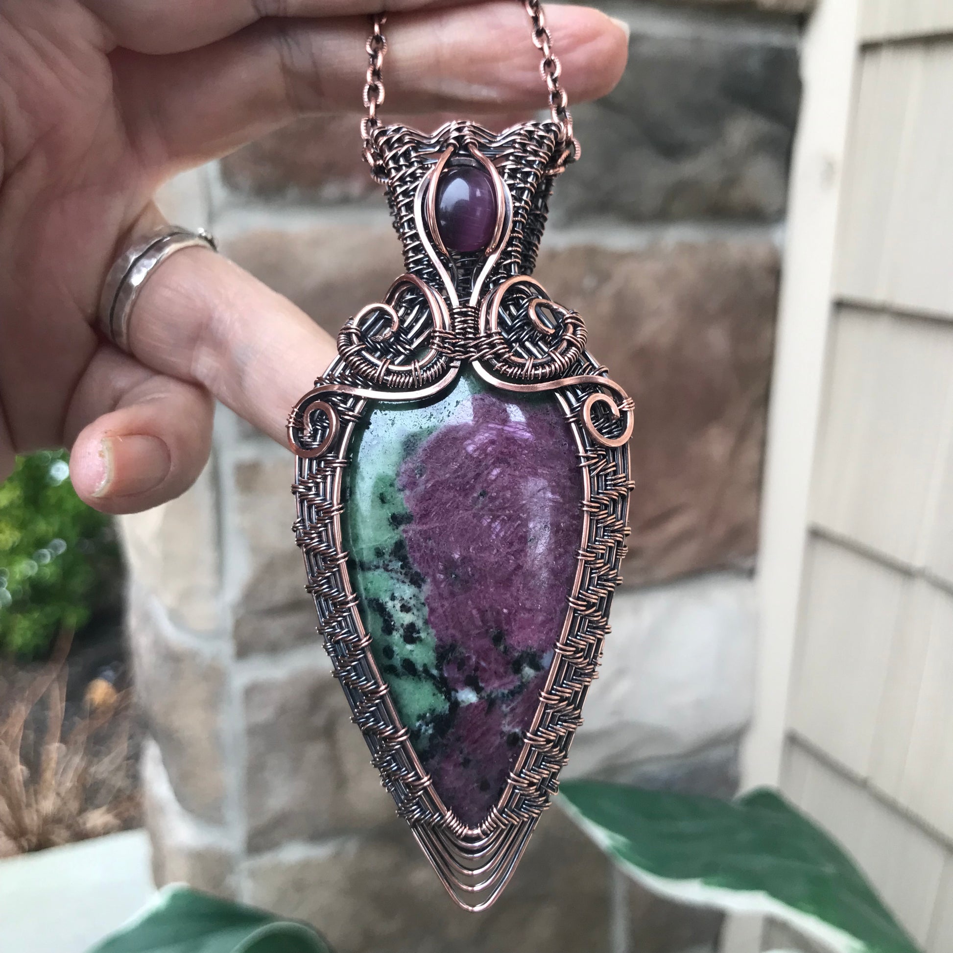 Ruby Zoisite Wire Weave Copper Pendant