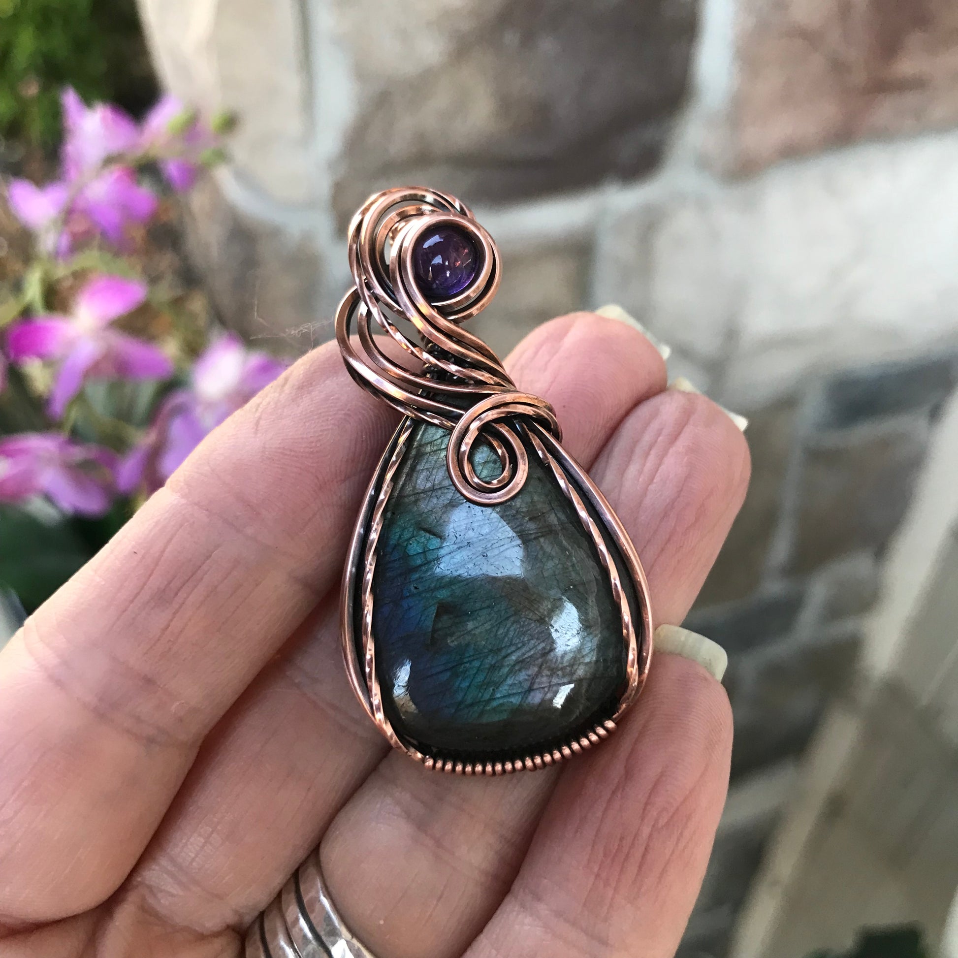 Smoky Blue Silver Labradorite & Amethyst Copper Pendant