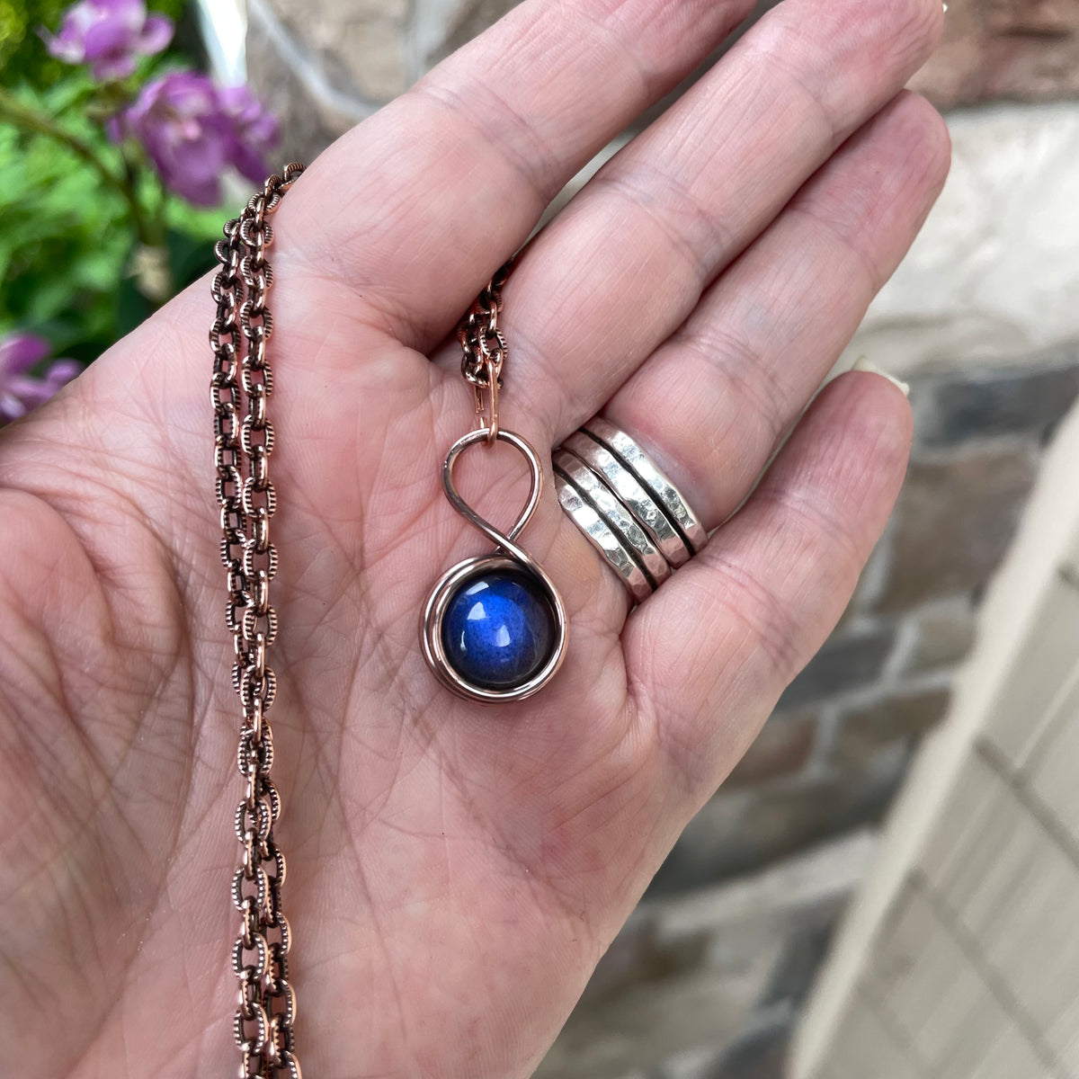 Blue Labradorite Round Mini Copper Pendant