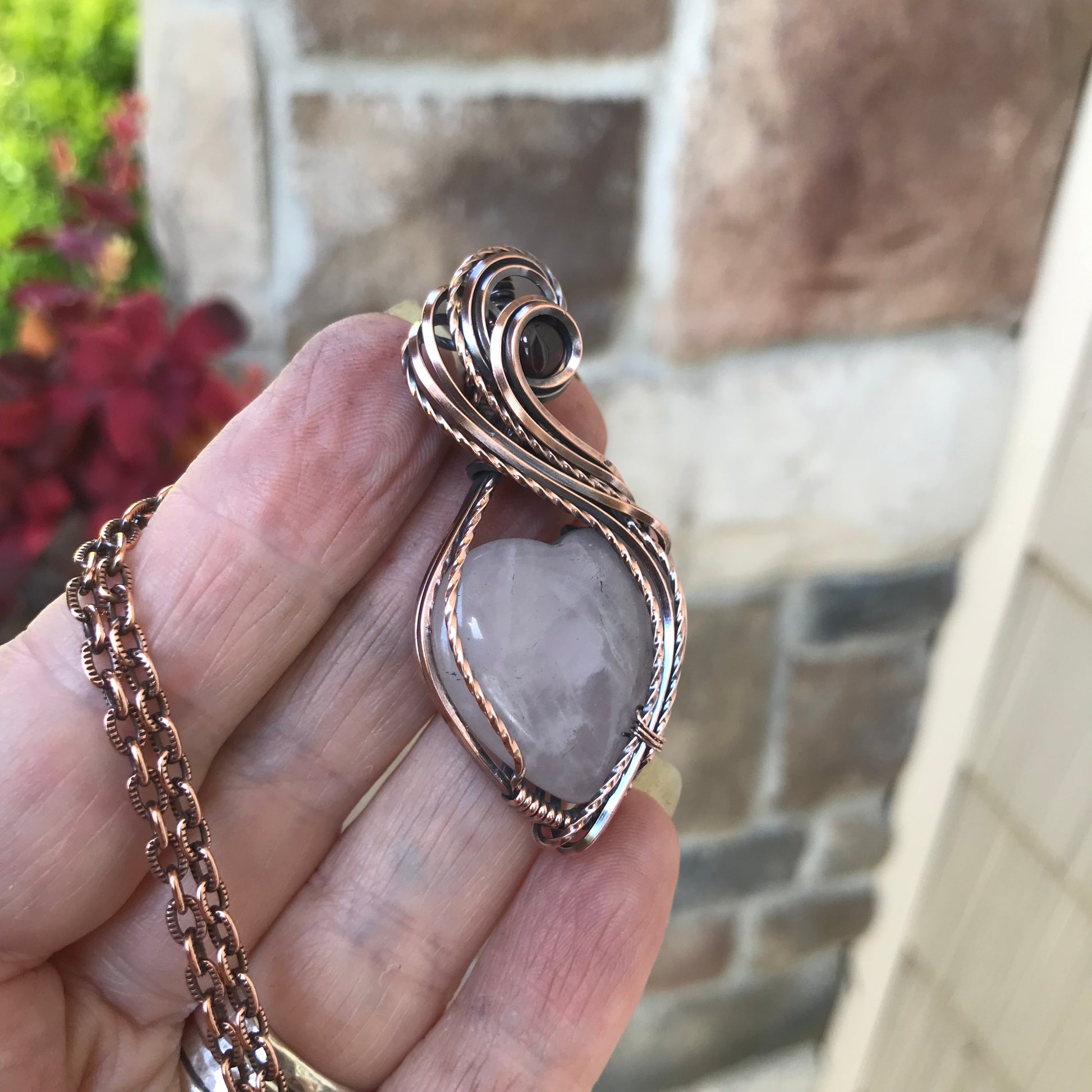 Rose Quartz with Garnet Heart Copper Pendant