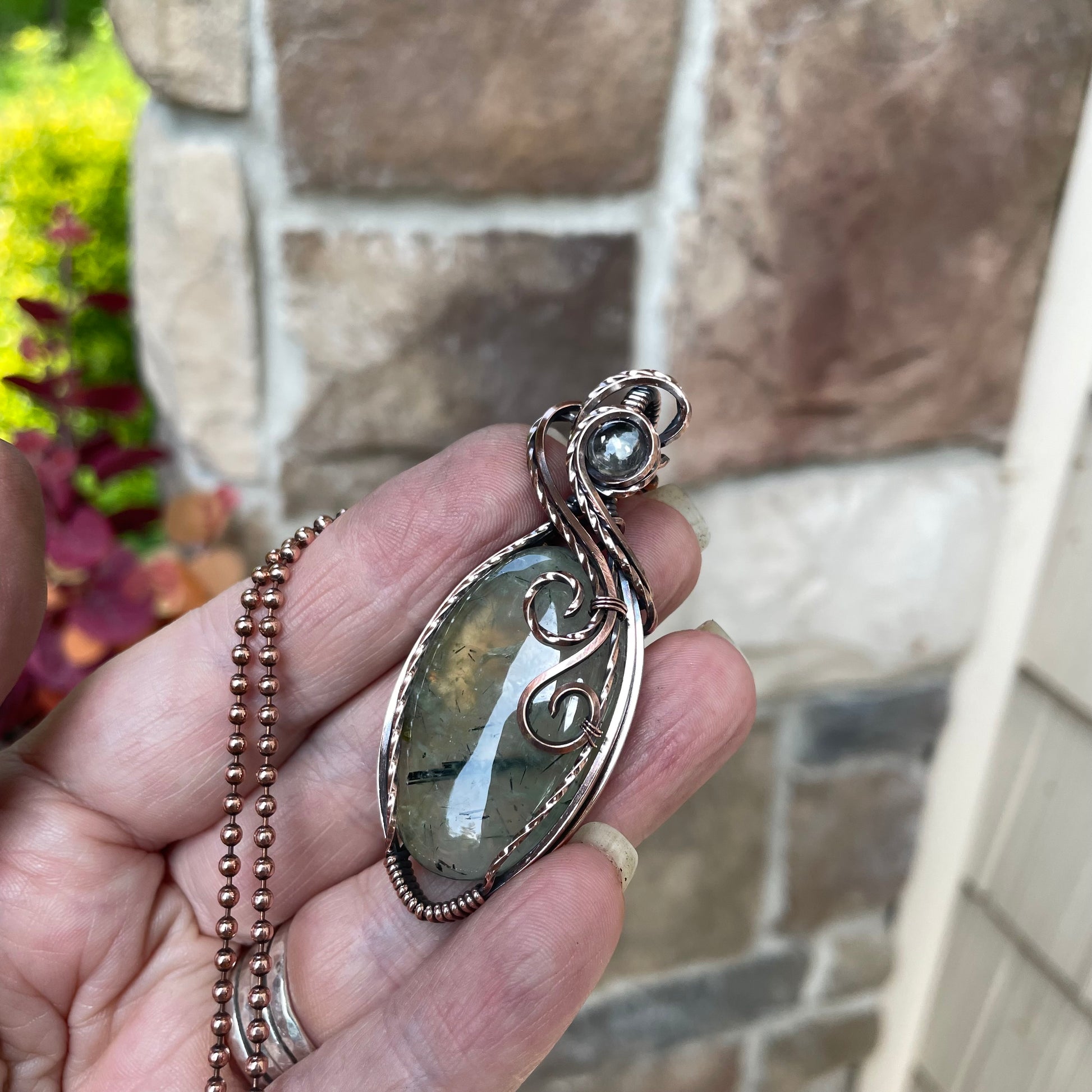 Prehnite & Prasiolite Swirly Copper Pendant