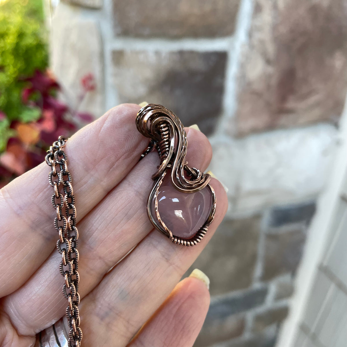 Rose Quartz Small Copper Heart Necklace