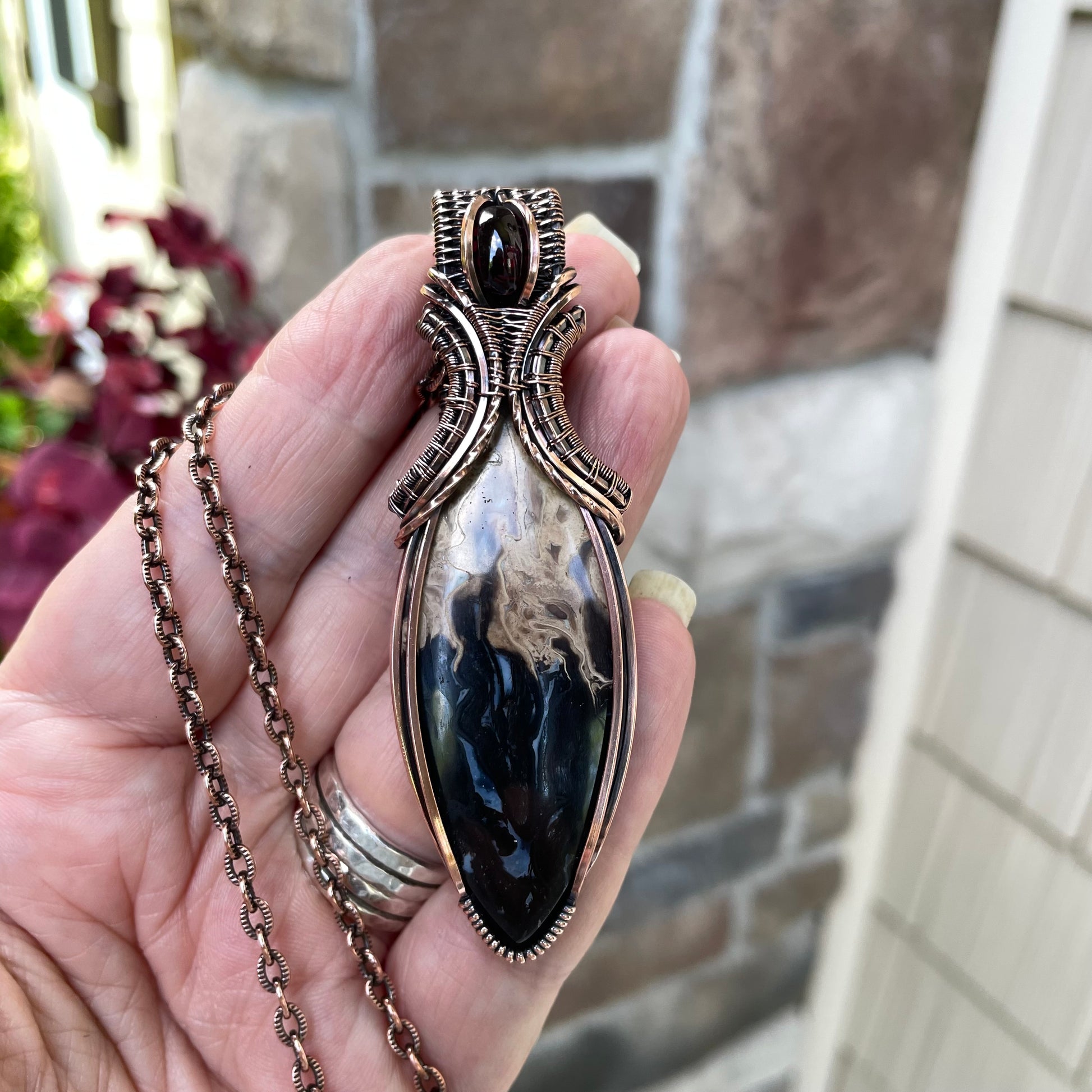 Petrified Palm Wood & Garnet Copper Pendant