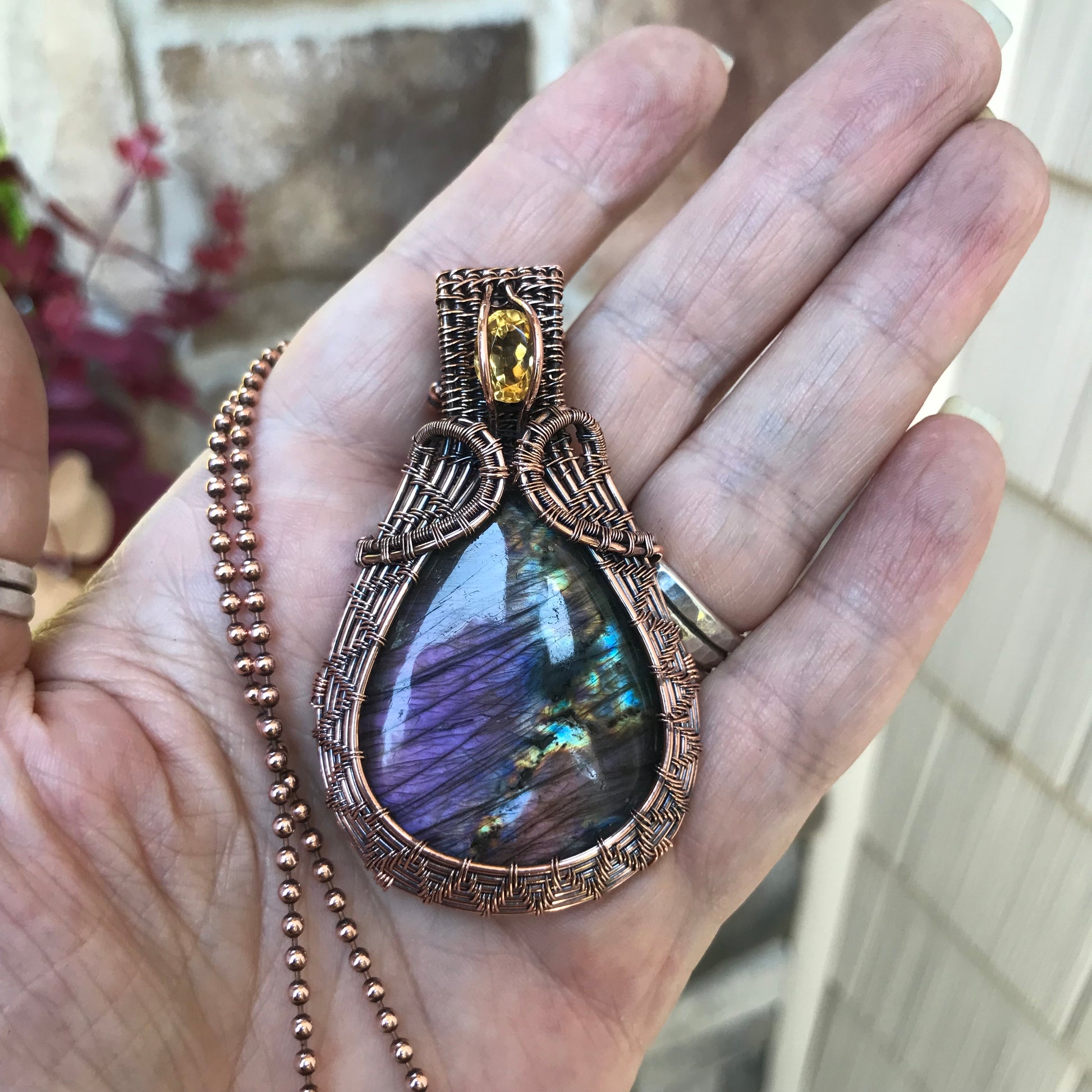 Purple Amber Labradorite & Honey Citrine Copper Woven Pendant