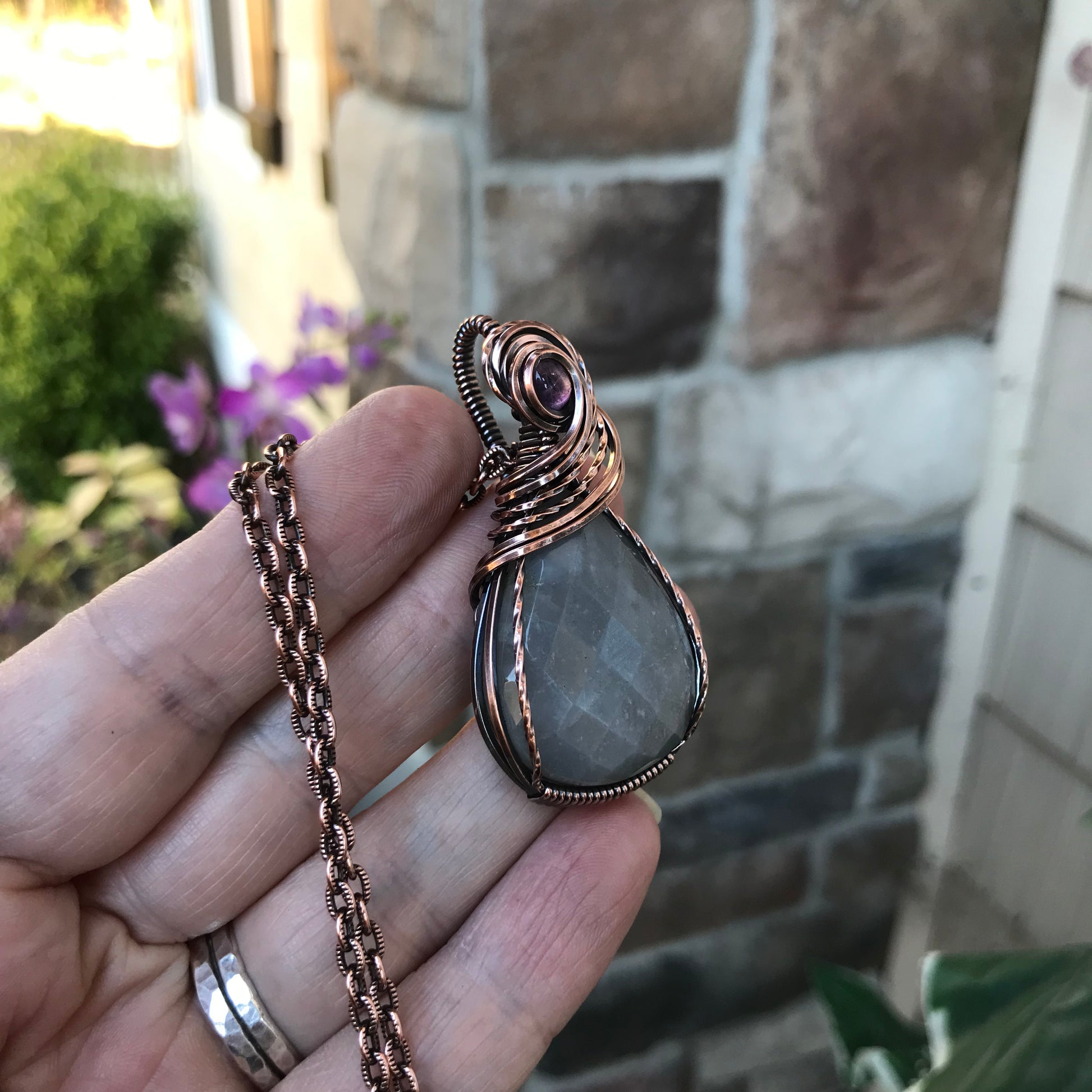 Gray Faceted Moonstone & Amethyst Copper Pendant