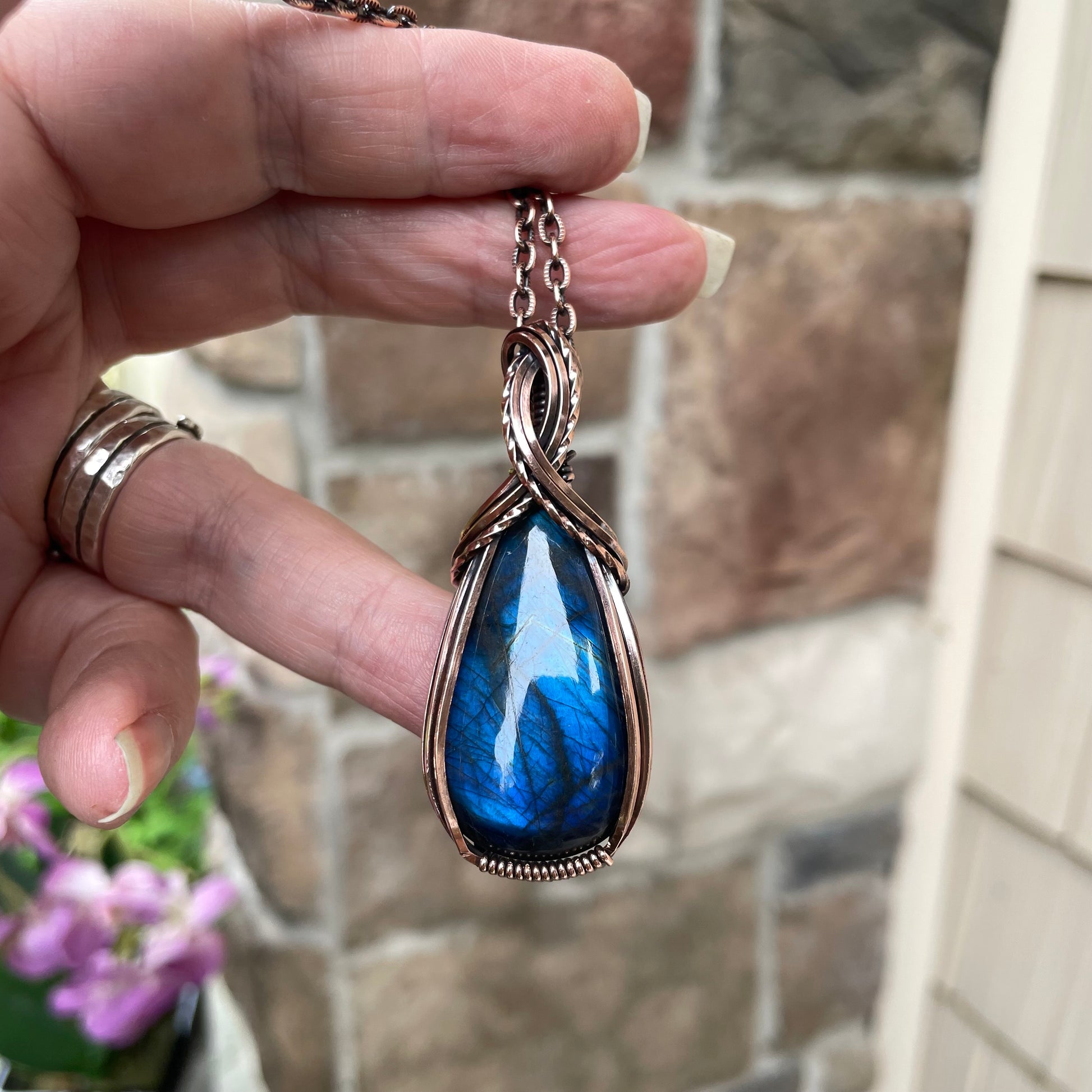 Blue Labradorite Criss Cross Copper Pendant
