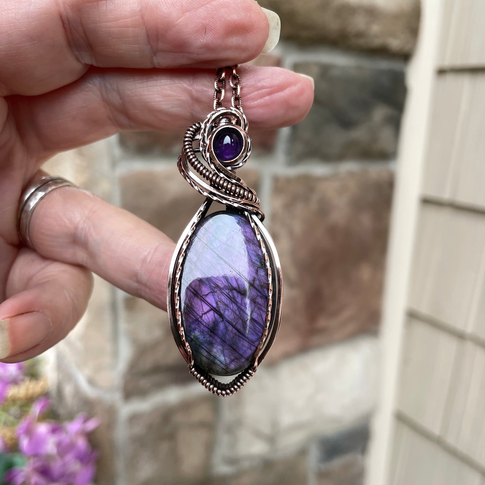 Purple Oval Labradorite & Amethyst Copper Pendant
