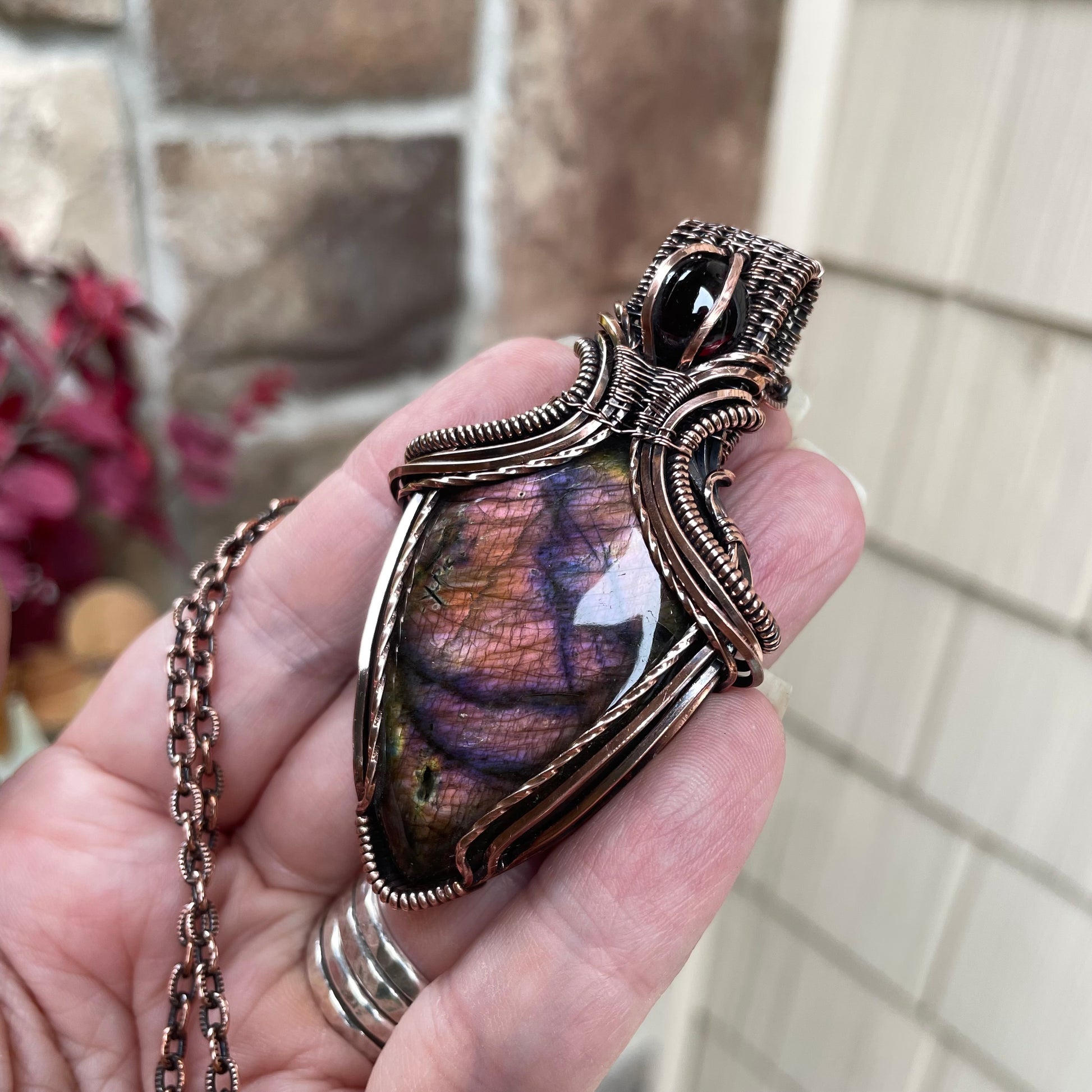 Maroon Purple Labradorite & Garnet Copper Pendant with Weaving