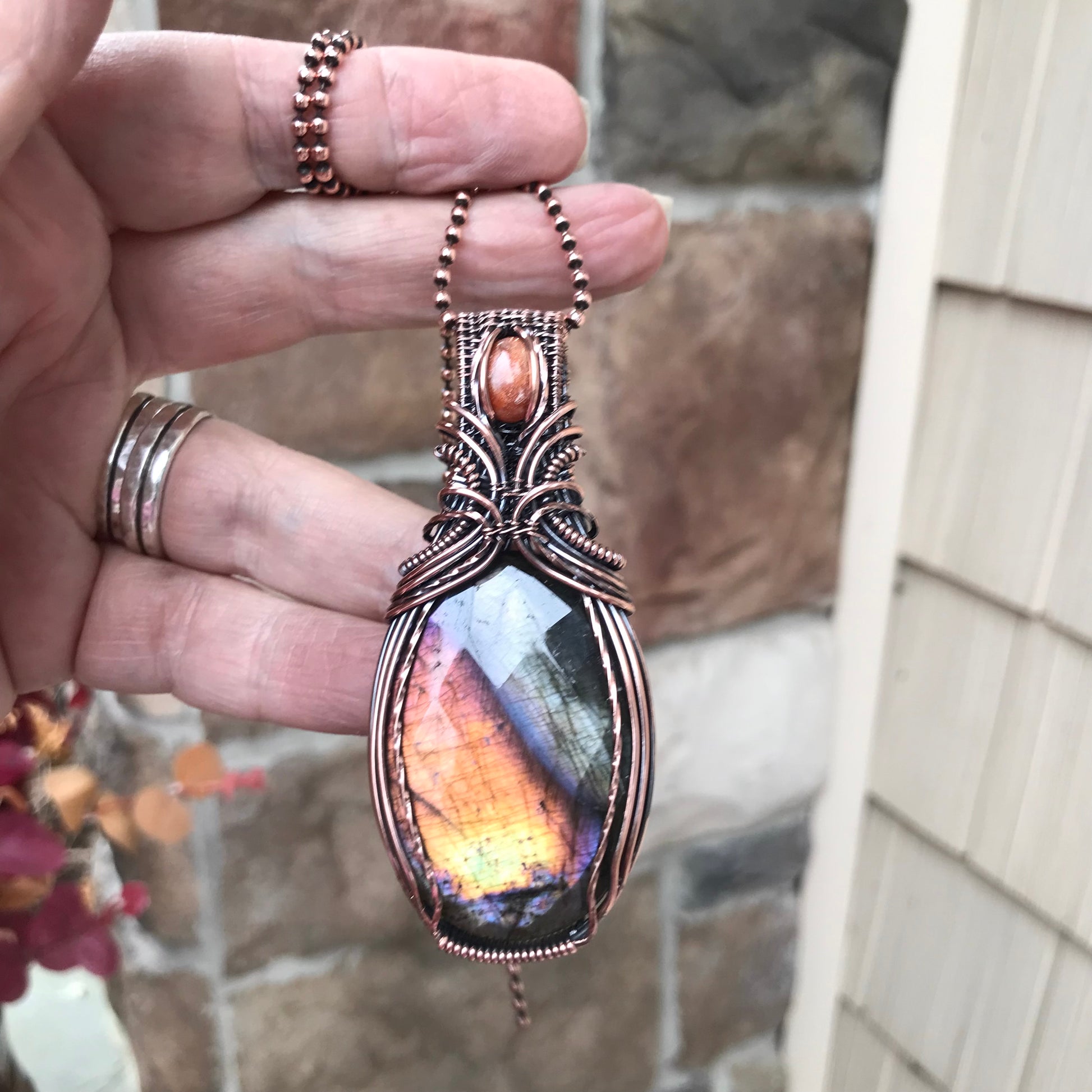 Yellow Amber Labradorite & Sunstone Copper Necklace with Weaving