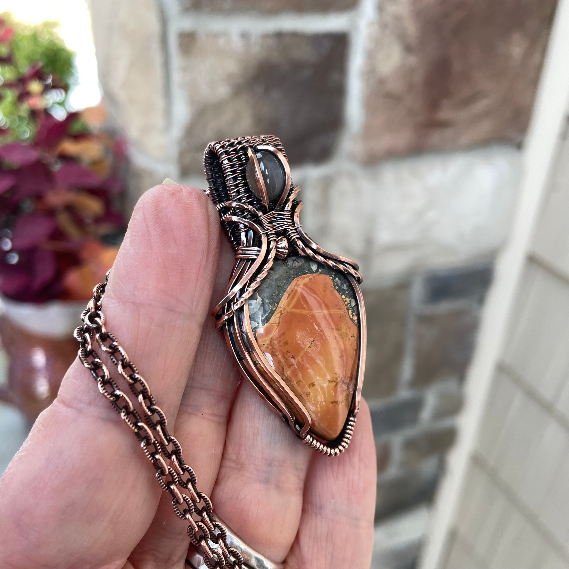 Maligano Jasper & Gray Moonstone Copper Pendant with Weaving