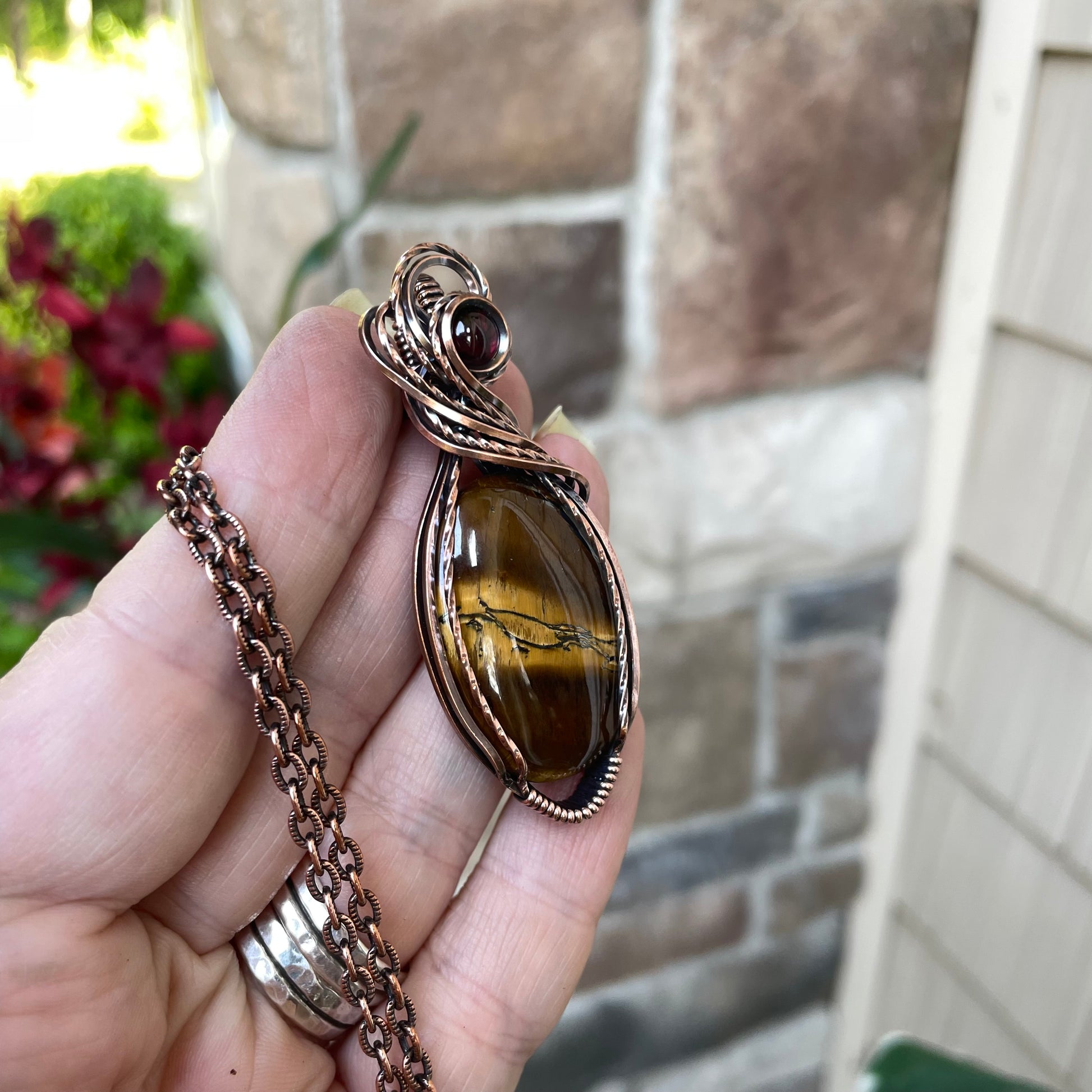 Tiger Eye & Garnet Oval Copper Pendant