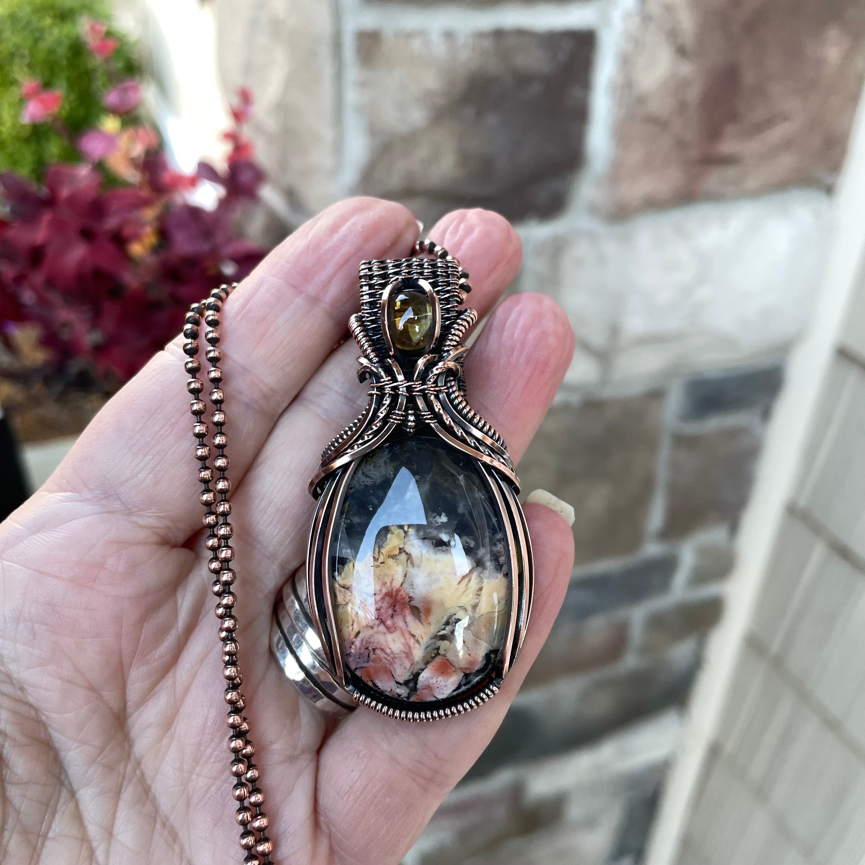 Feather Ridge Plume Agate & Citrine Copper Pendant with Weaving
