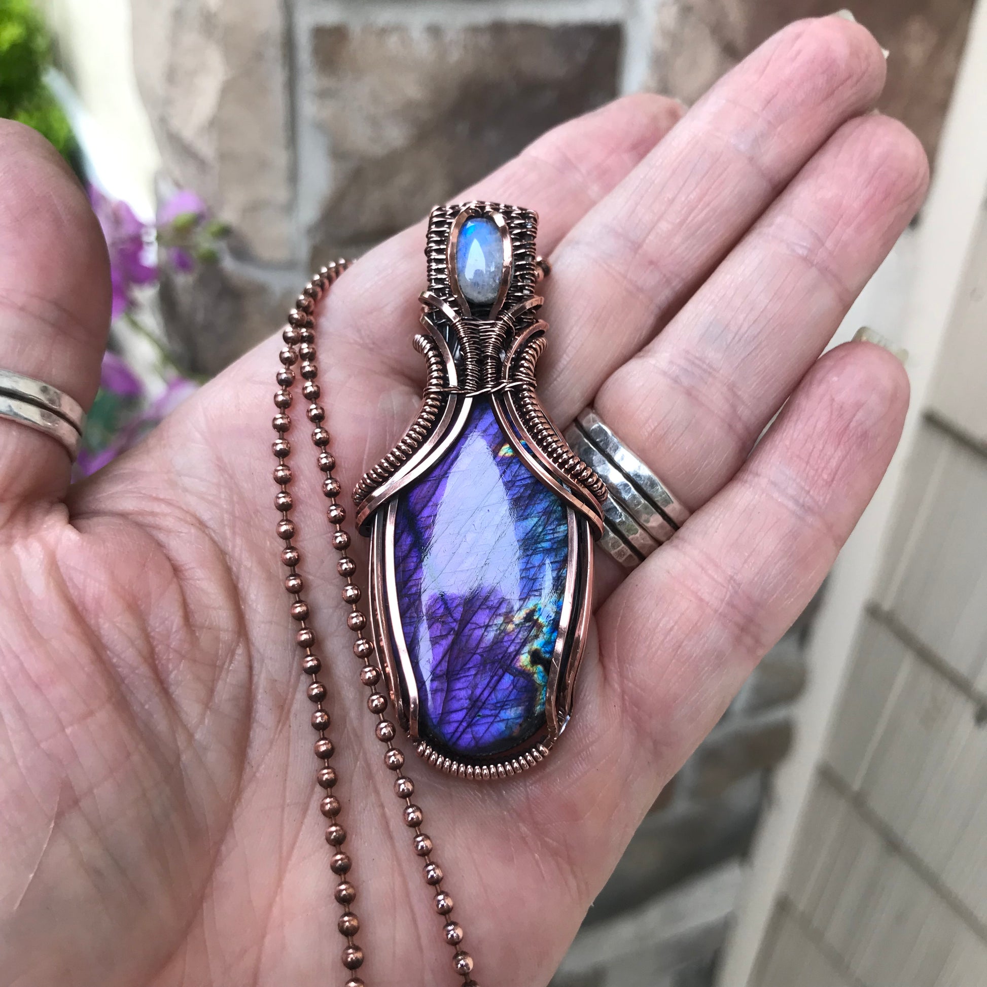 Purple Labradorite & Moonstone Oval Copper Necklace with Weaving