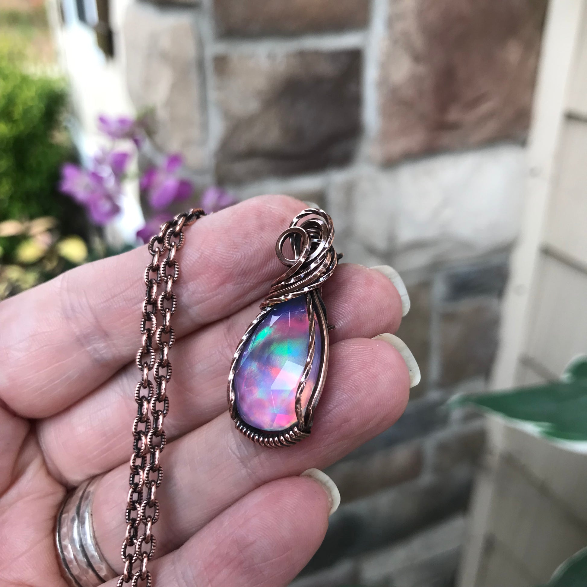 Aurora Opal Faceted Rainbow Copper Necklace