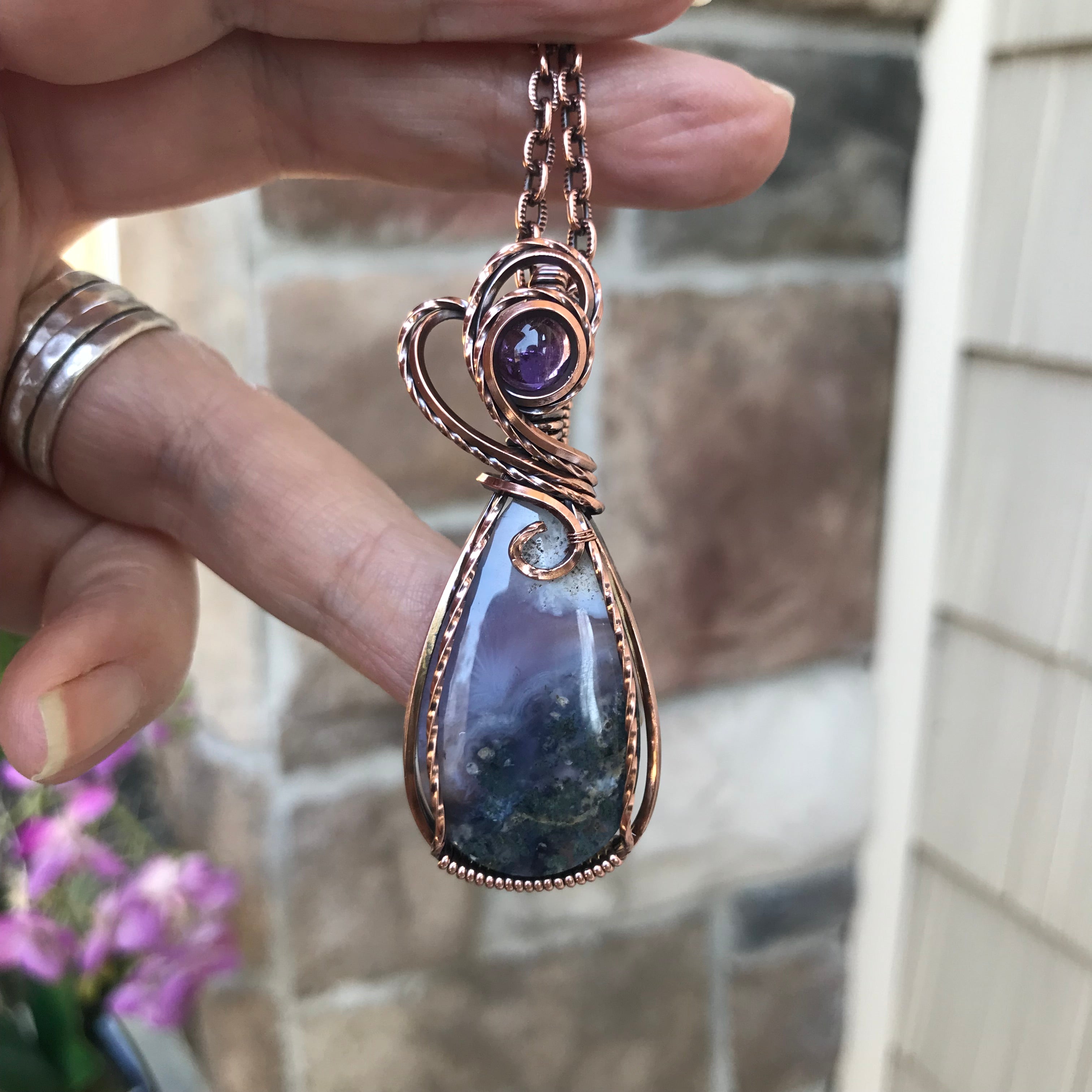 Moss Agate Chalcedony & Amethyst Copper Necklace