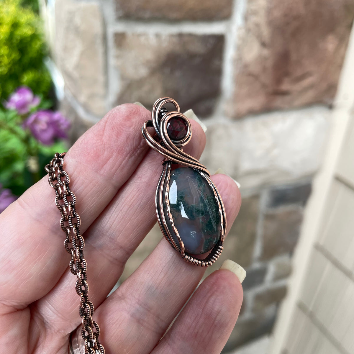 Moss Agate & Garnet Copper Necklace