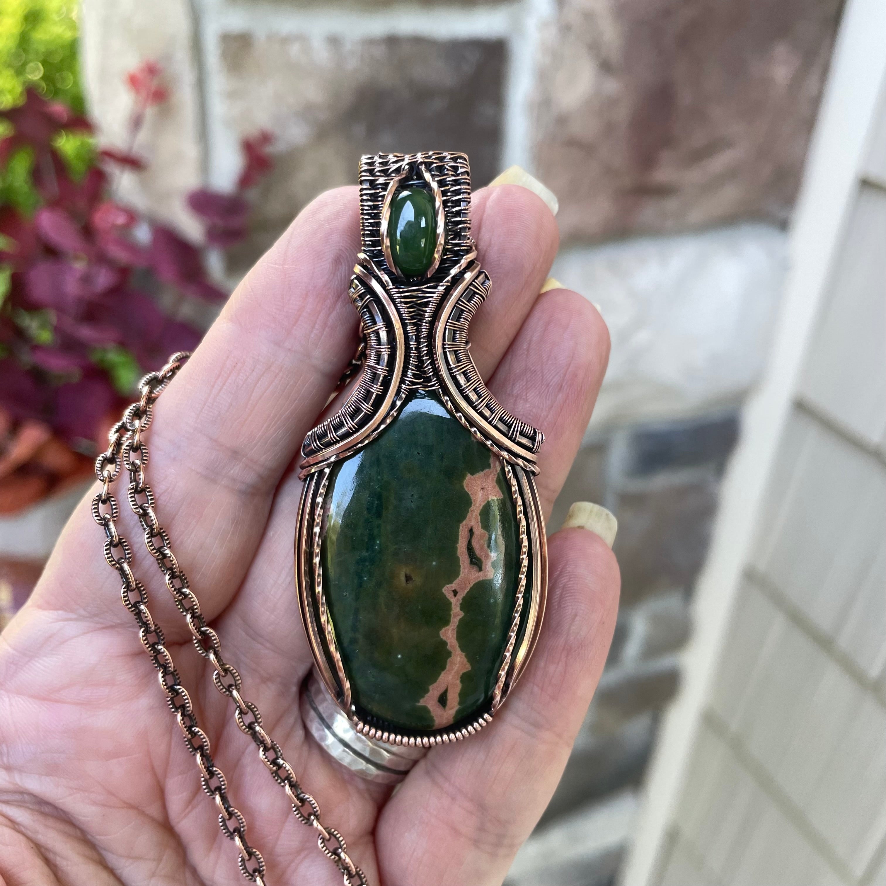 Ocean Jasper & Jade  Copper Pendant with Weaving