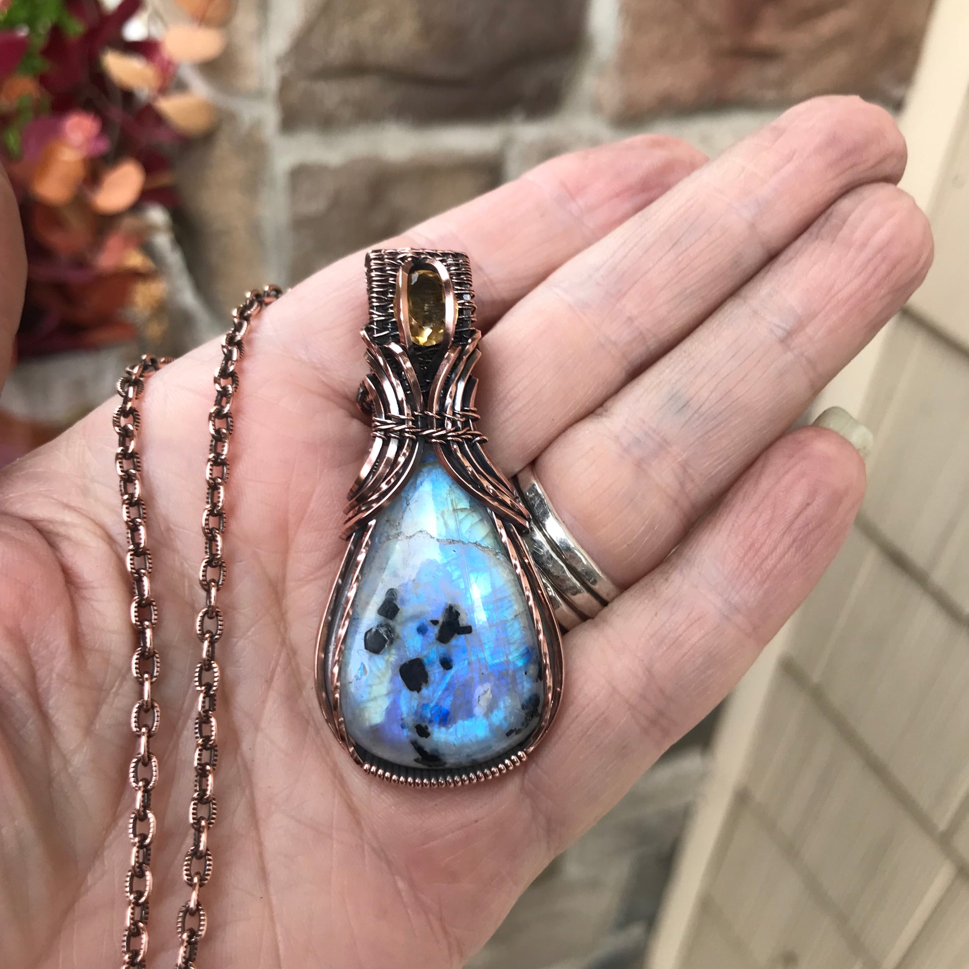 Moonstone with Tourmaline & Citrine Copper Pendant