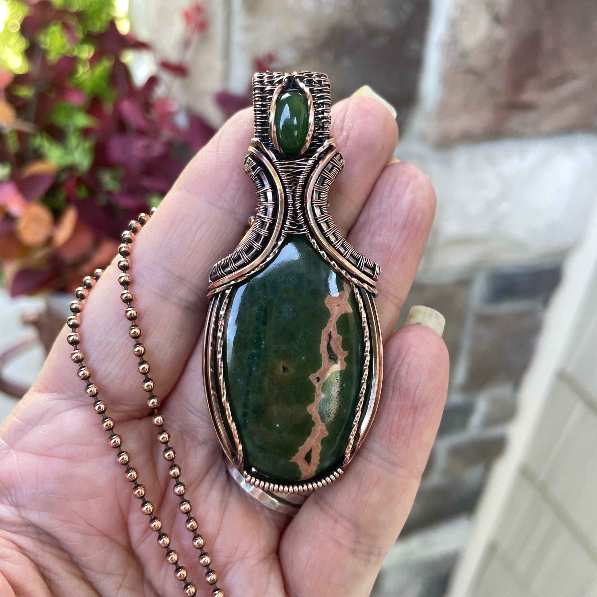 Ocean Jasper & Jade  Copper Pendant with Weaving