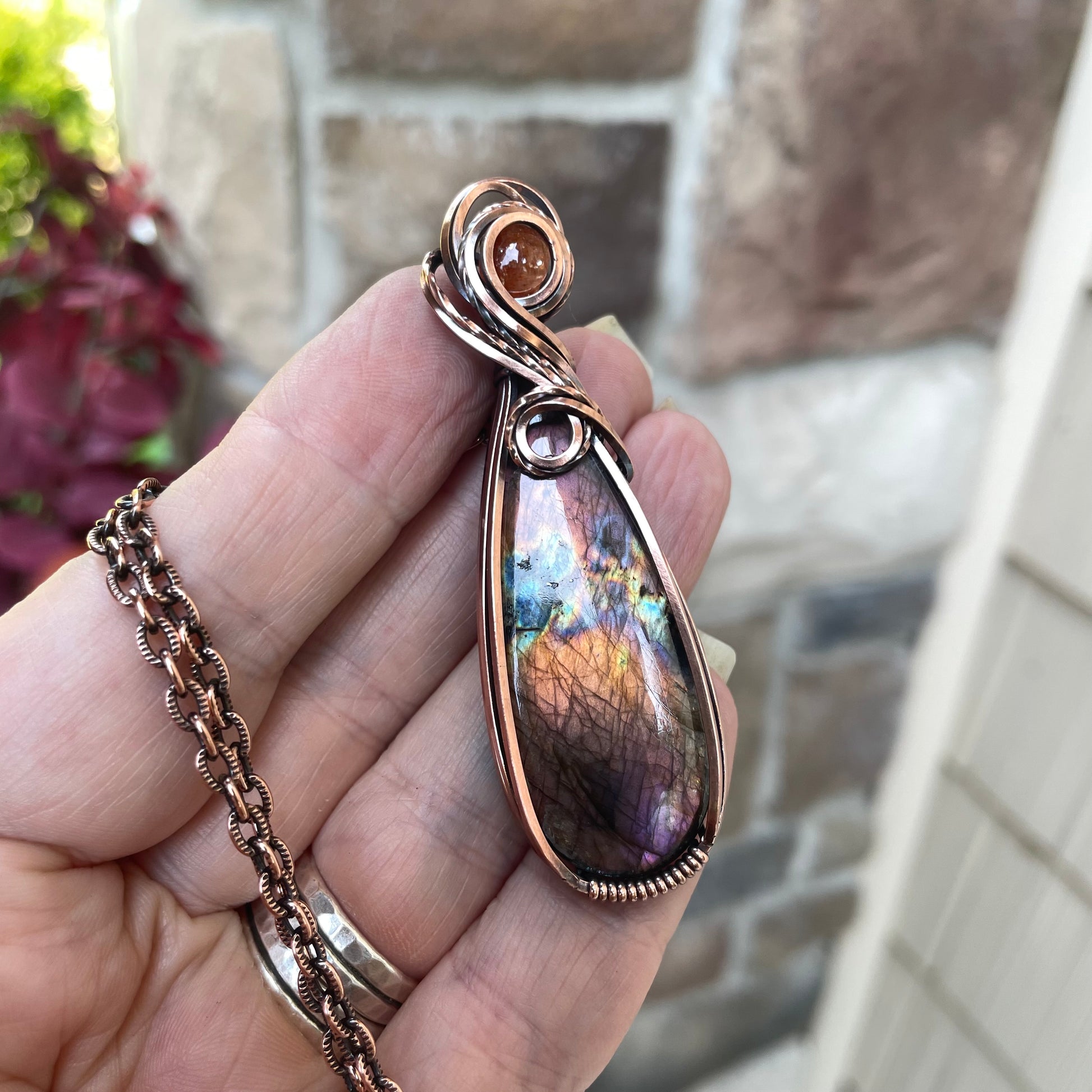 Orange & Purple Labradorite & Sunstone Slender Copper Pendant