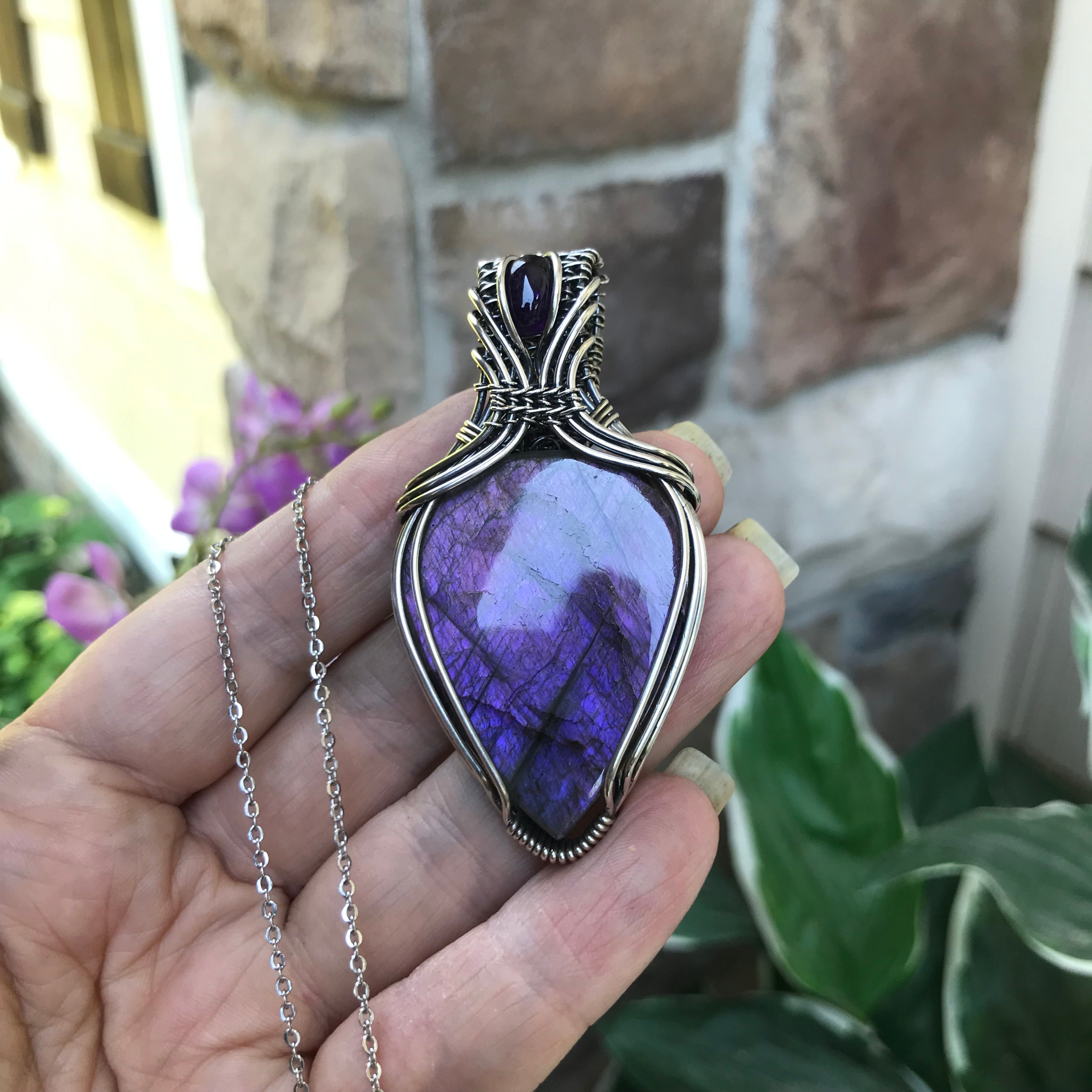 Purple Labradorite & Amethyst Silver Pendant