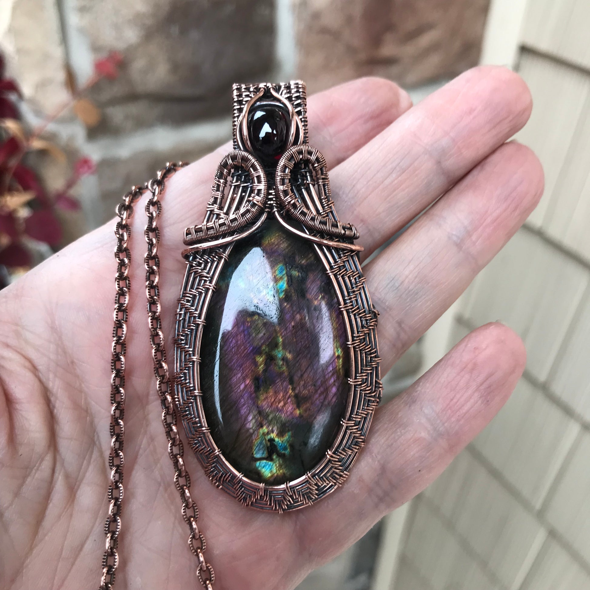 Purple Maroon Labradorite & Garnet Woven Copper Pendant