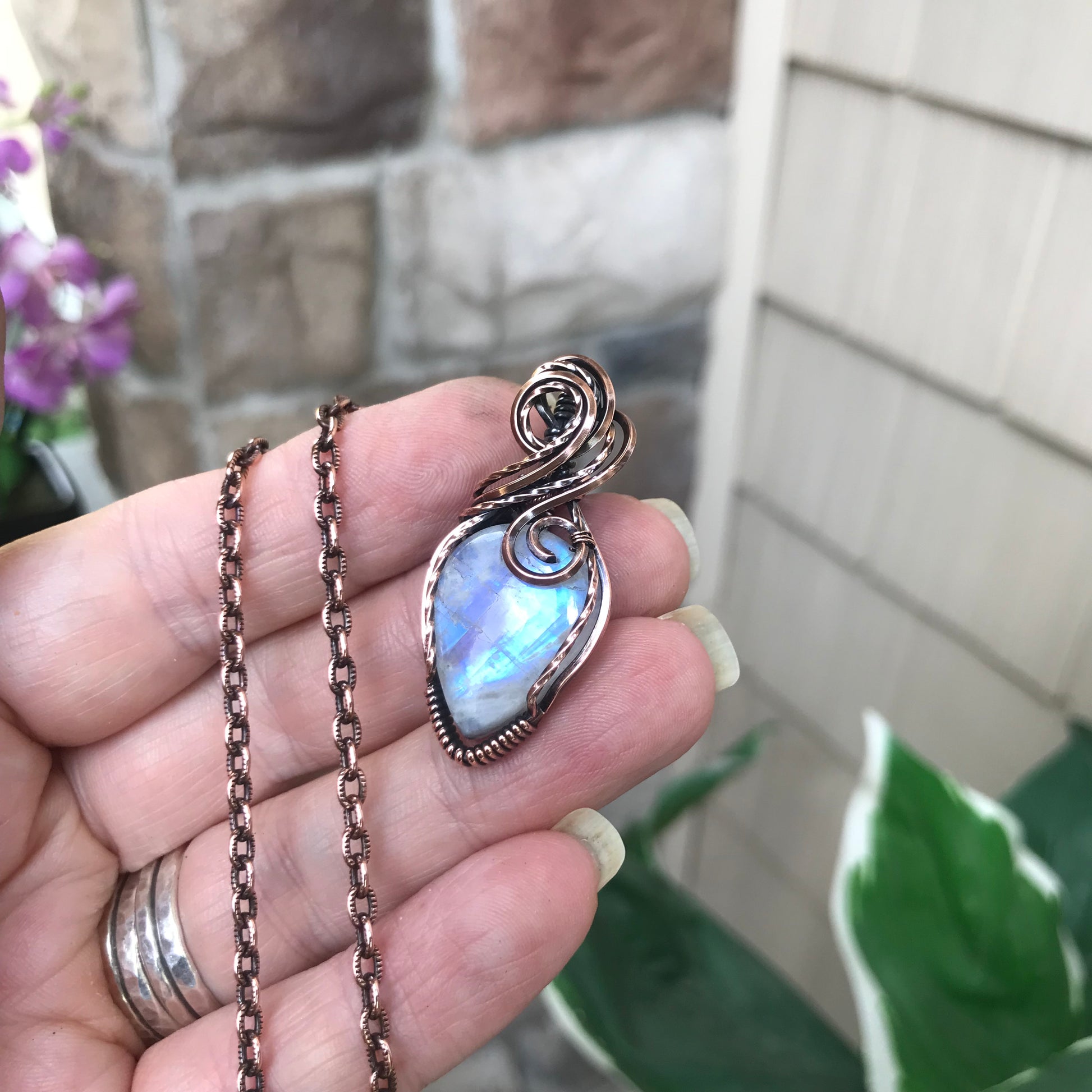 Blue Moonstone Small Copper Pendant