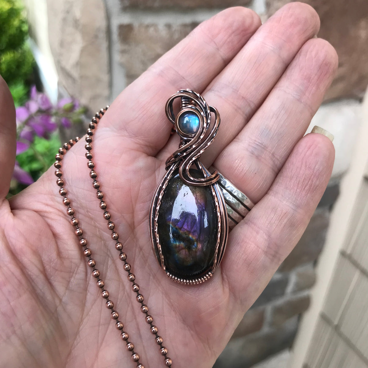 Dark Purple Labradorite & Moonstone Oval Copper Necklace