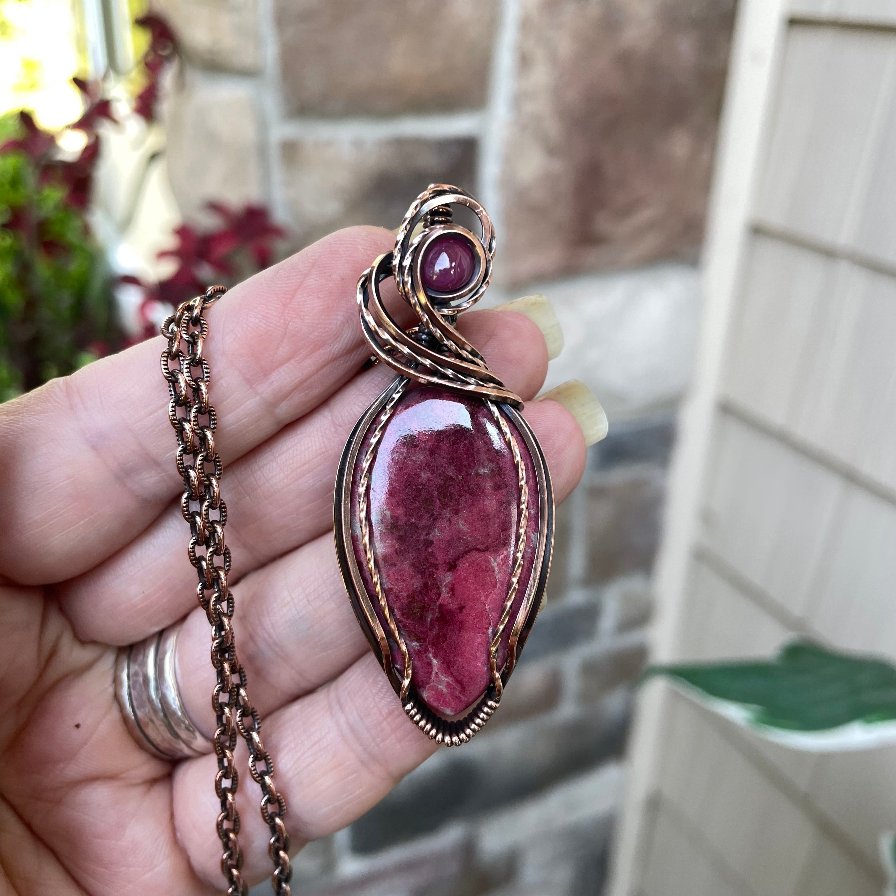 Thulite & Pink Sapphire Copper Necklace