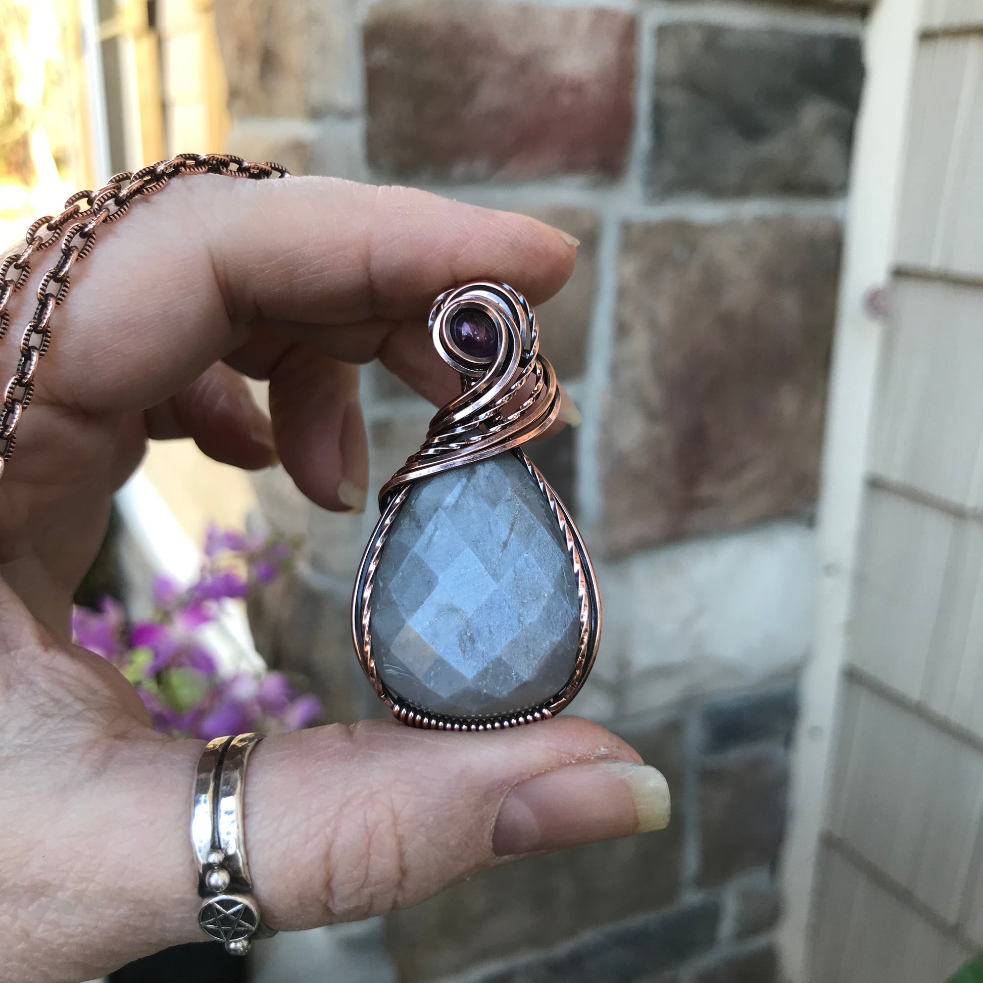 Gray Faceted Moonstone & Amethyst Copper Pendant