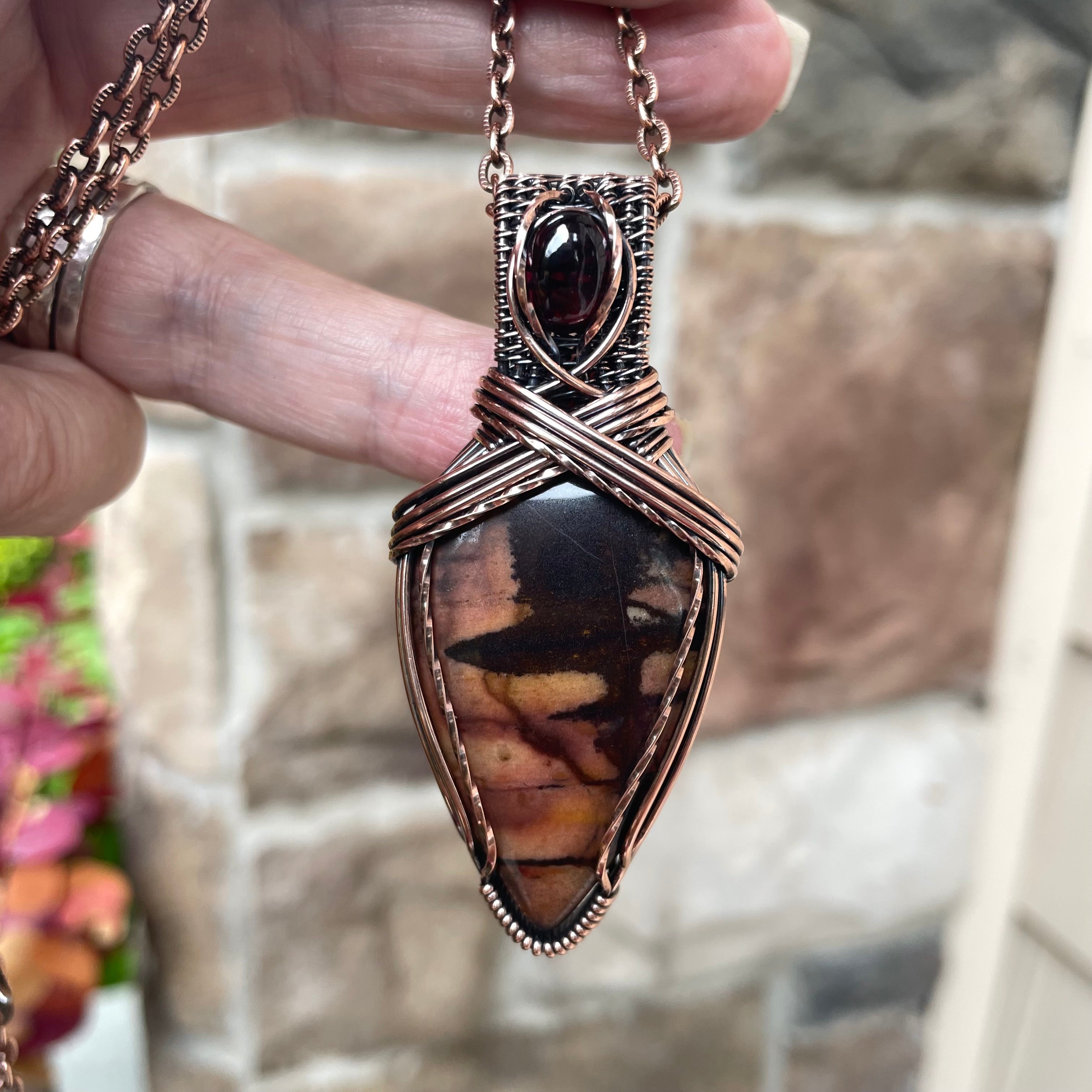 Biggs Jasper & Garnet Copper Pendant with Weaving