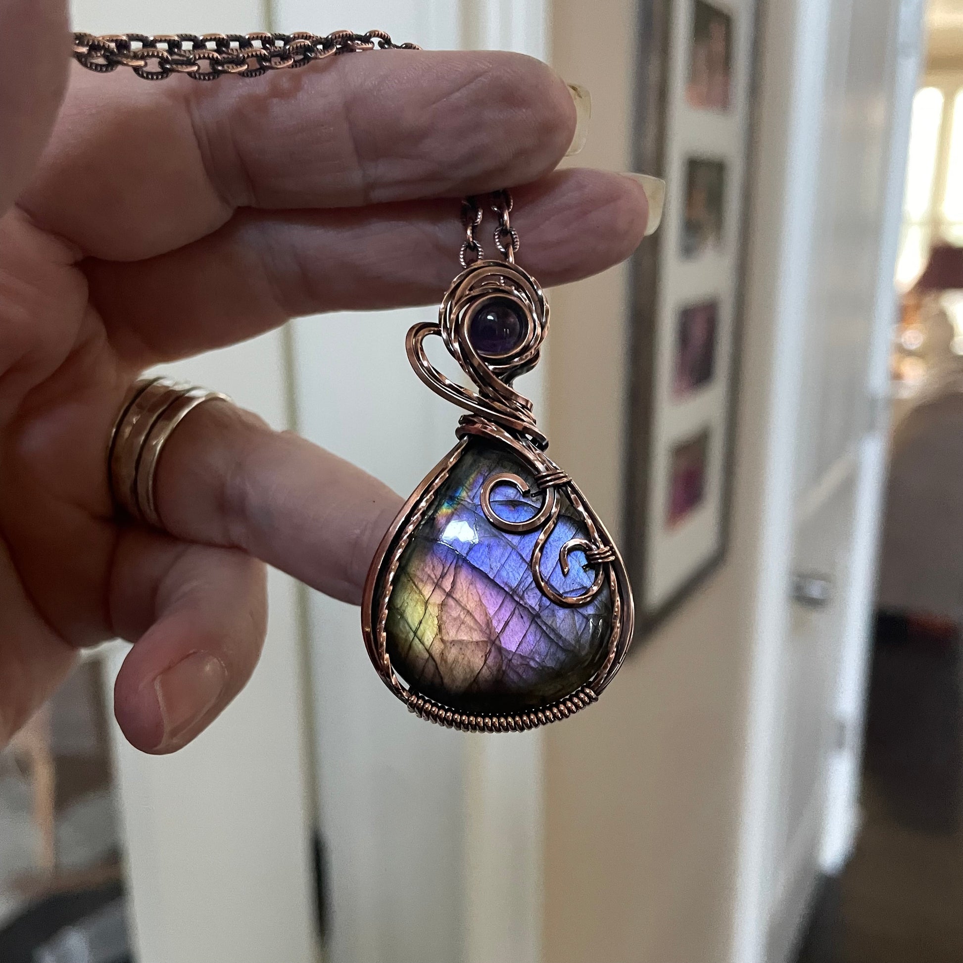 Rainbow Labradorite & Amethyst  Copper Pendant