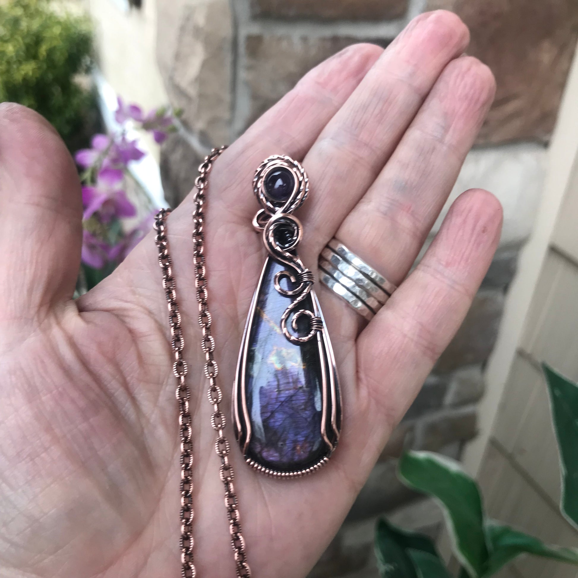 Purple Labradorite & Amethyst Slender Teardrop Copper Pendant