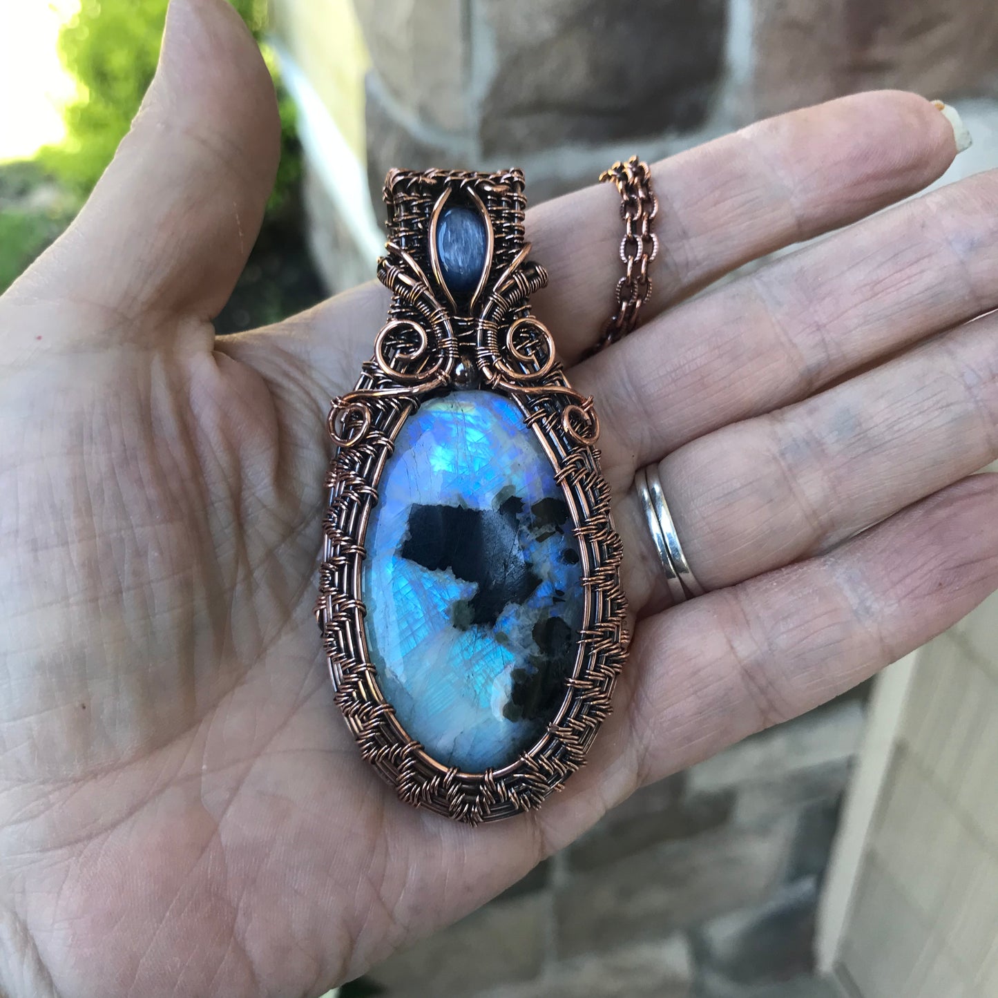 (RESERVED FOR SC) Rainbow Blue Moonstone & Kyanite Copper Necklace