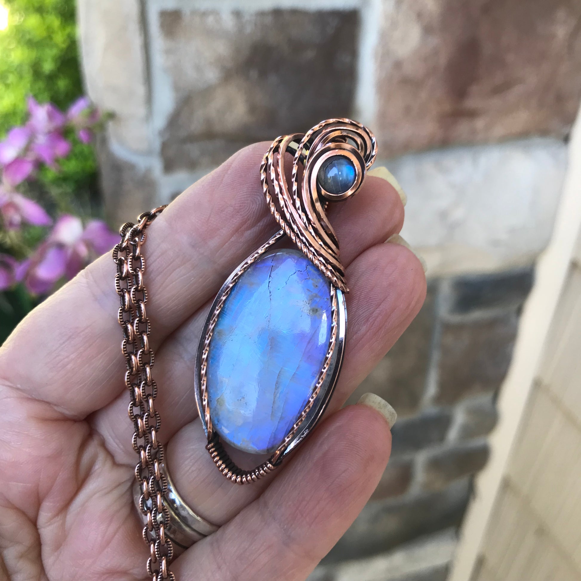 Blue Moonstone Oval Copper Pendant