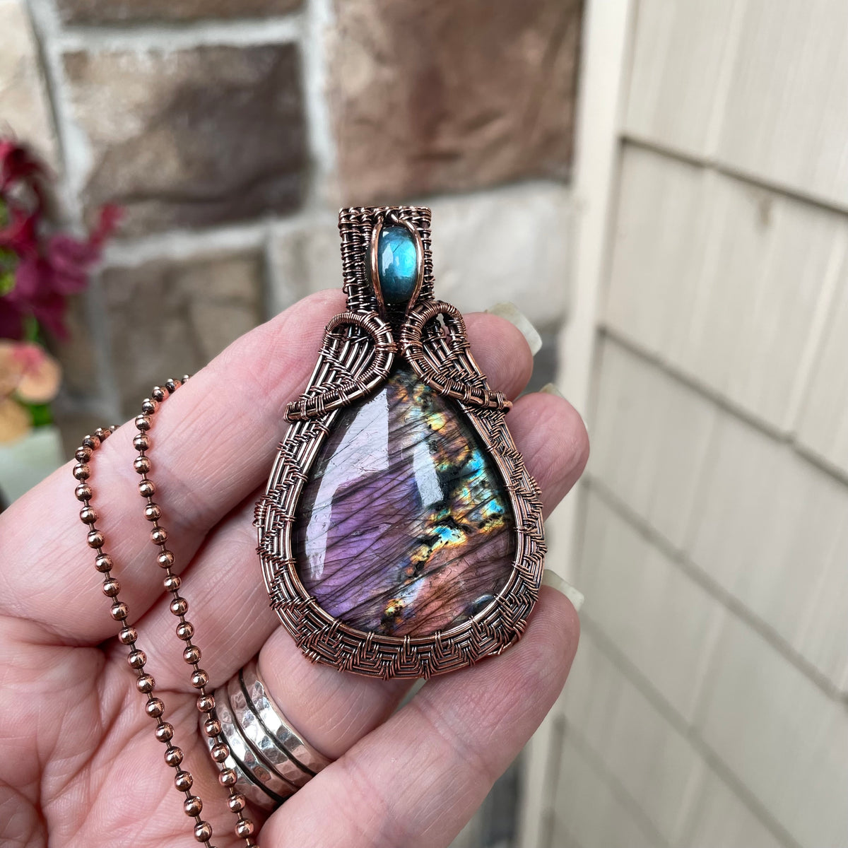 Purple Blue Labradorite  Copper Woven Pendant