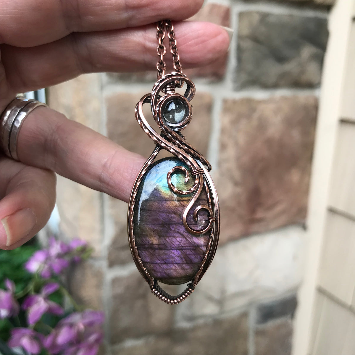 Purple Labradorite & Prasiolite Oval Copper Necklace