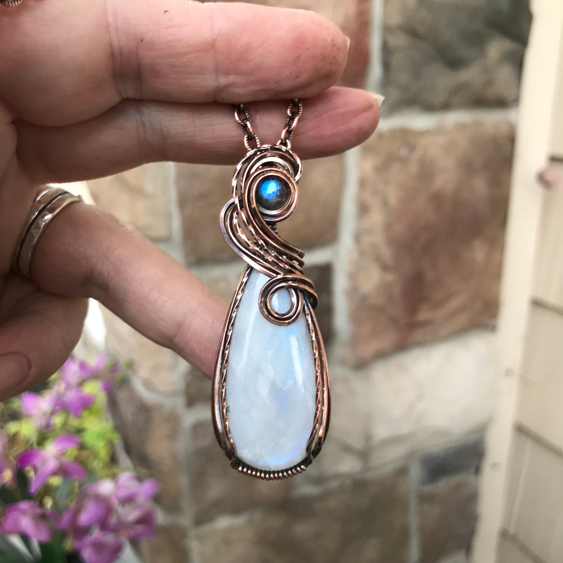 Rainbow Moonstone & Labradorite Copper Pendant