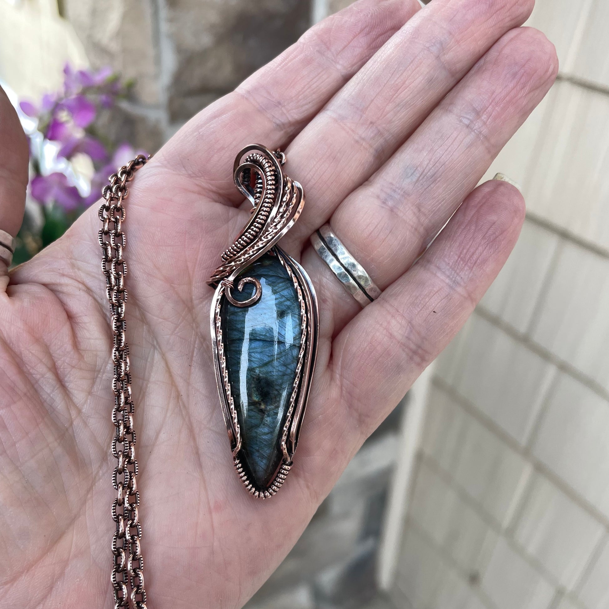 Slate Blue Slender Labradorite Copper Pendant