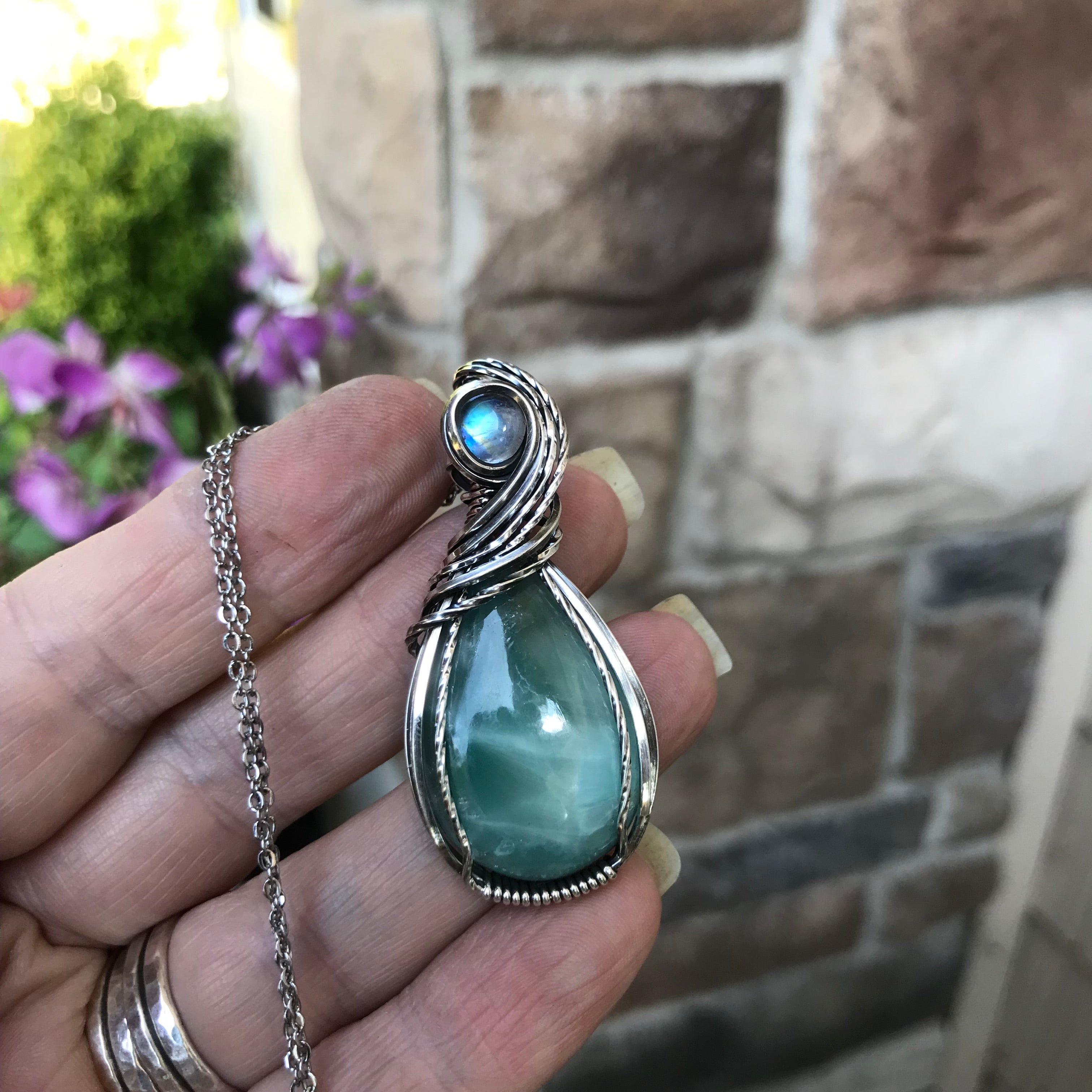 Blue Hemimorphite & Moonstone Silver Pendant